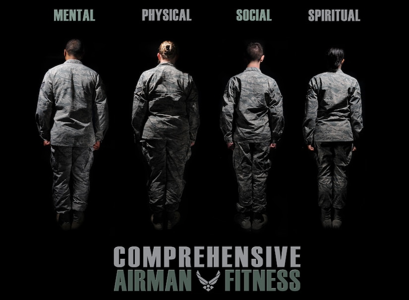 Comprehensive Airman Fitness days allow U.S. Air Force Airmen and Department of Defense civilians to strengthen resilience by focusing on developing mental, spiritual, physical and social fitness through training. The ultimate goal is enhancing one’s ability to withstand, recover and grow in the face of stressors and changing demands. (U.S. Air Force photo illustration by Senior Airman Aubrey White/Released)