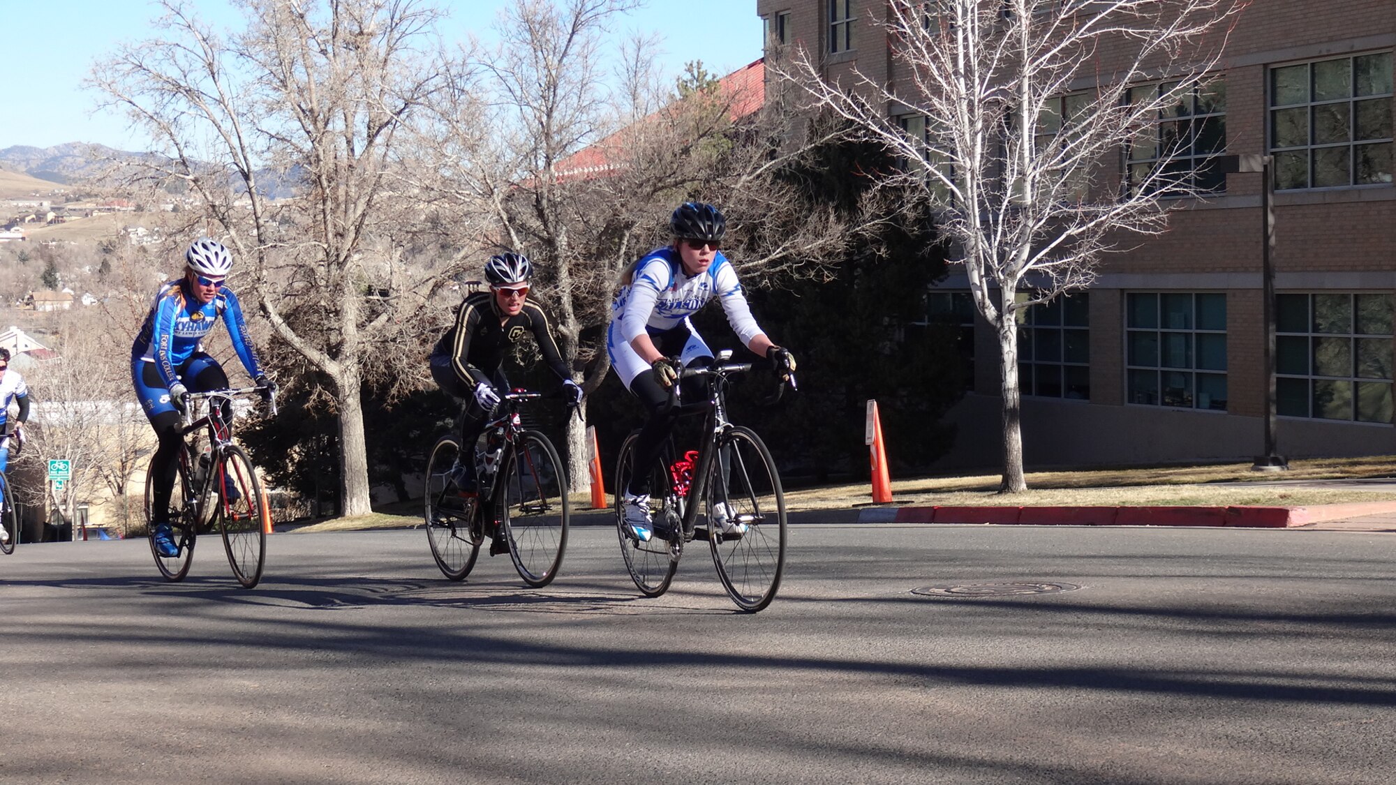 Caitlin Sullivan, Cadet Squadron 20, leads the  women's B race at the Rocky Mountain Collegiate Cycling Conference March 16 in Golden. Sullivan finished in second place. The race was hosted by the Colorado School of Mines.  (Air Force photo/Lt. Col. Len Cabrera)