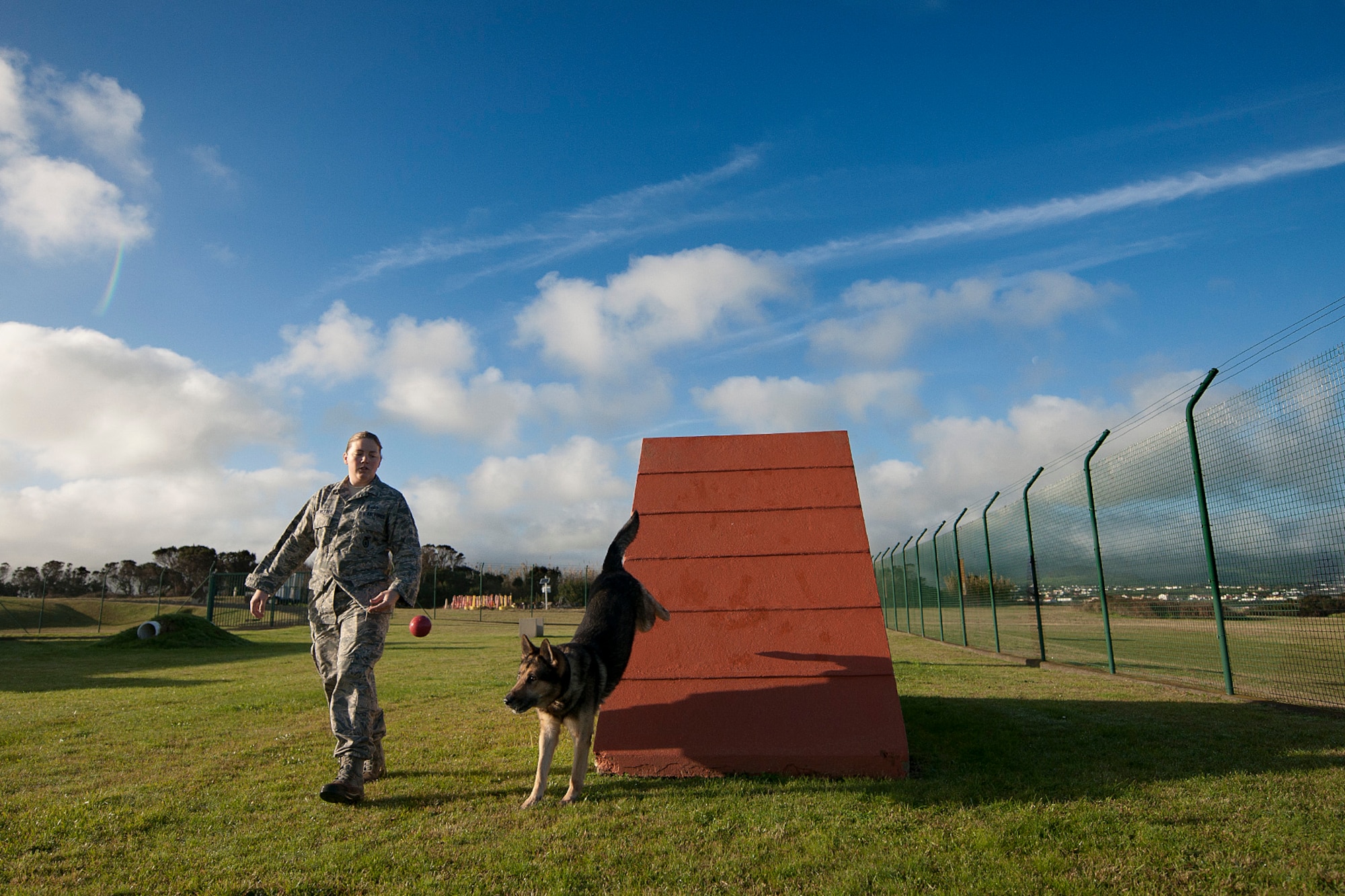 Staff Sgt. Lisa Kiesewetter, 65th Security Forces Squadron Military Working Dog trainer, was MWD Dan's last handler within the 65th SFS before his retirement. The 65th SFS hosted a retirement ceremony March 25, 2014, for MWD Dan, a nine-year U.S. Air Force veteran. Dan served as a devoted team member to 10 MWD handlers as a narcotics detector on Lajes Field, Azores. He is now adopted by Senior Master Sgt. Jason Tranfaglia, 65th SFS manager. (U.S. Air Force photo by Tech. Sgt. Paul Villanueva II/Released)