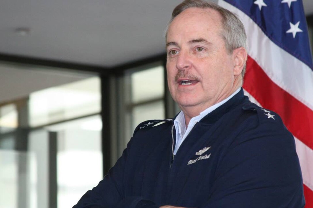 The Air Force Chief of Staff Gen. Mark A. Welsh III praises those helping the troops in recovery and their families at Walter Reed National Military Medical Center during his visit the the nation’s largest joint military medical center on March 12. (Photo by Bernard S. Little)