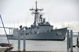 USS Simpson (FFG 56) briefly visited Charleston, S.C., March 19, 2014, as the ship and crew prepare to return to their homeport of Naval Station Mayport, Fla., following a routine deployment. The Simpson moored at Union Pier Terminal in downtown Charleston to embark family members to ride the ship back to Mayport as part of the Navy’s Tiger Cruise Program. A Tiger Cruise provides the opportunity for the crewmembers’ family and friends to see what the U.S. Navy does on a day to day basis. Per naval instruction, a Tiger is usually any relative or friend (but not girlfriend/boyfriend, fiancée or spouse) of a crew member. (U.S. Air Force photo/Eric Sesit)

