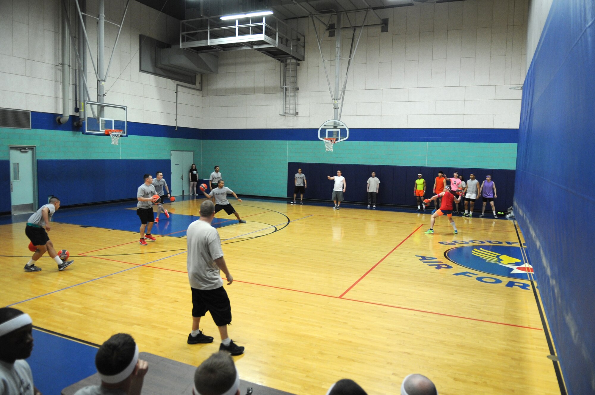 GOODFELLOW AIR FORCE BASE, Texas -- Base members compete during the Sexual Assault Prevention and Response dodgeball tournament here March 1. Twenty-eight teams competed in single round eliminations to promote sexual assault awareness. (U.S. Air Force photo/ Staff Sgt. Laura R. McFarlane)