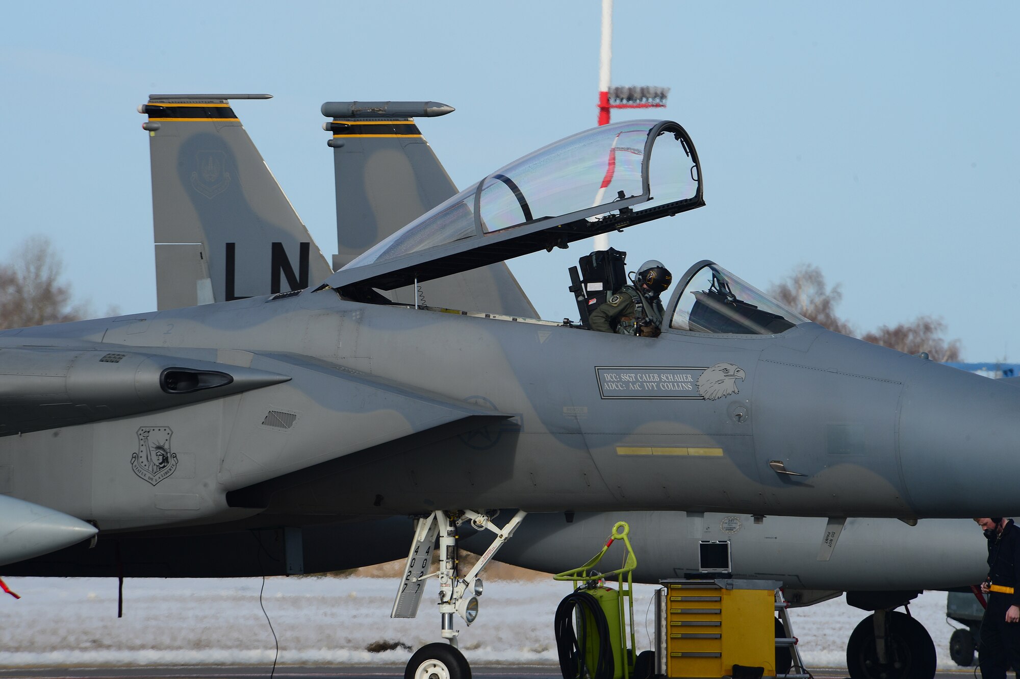 Lt. Col. Mark Sadler, 493rd Expeditionary Fighter Squadron commander, performs pre-flight checks before takeoff at Šiauliai Air Base, Lithuania, March 18, 2014.The 493rd EFS regularly flies training missions while deployed to maintain readiness and proficiency. The U.S. Air Force F-15C Eagles' participation in the NATO Baltic Air Policing mission helps ensure a safe and stable future for the Baltics while preserving the integrity of NATO's borders and NATO security. (U.S. Air Force photo by Airman 1st Class Dana J. Butler)  
