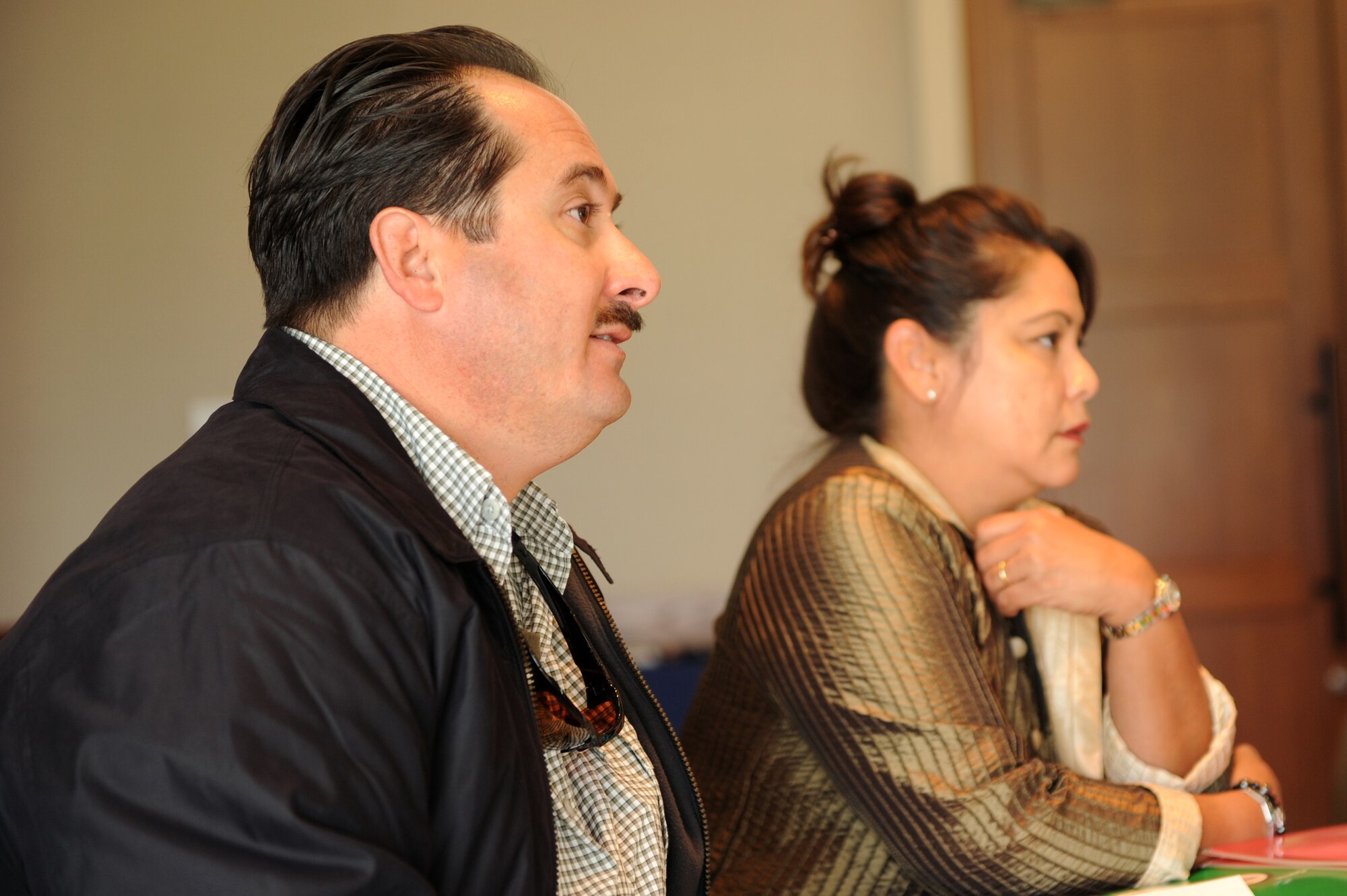 Angelo and Antonia Semeraro take part in a discussion during the third marriage retreat held at the Kafuu Resort on Okinawa, Japan, March 15, 2014. The Kafuu Resort was the getaway location for approximately 14 couples for a chapel-sanctioned marriage retreat, which focused on couples communication and the roles each member plays in their marriage. (U.S. Air Force photo by Airman 1st Class Hailey R. Staker)