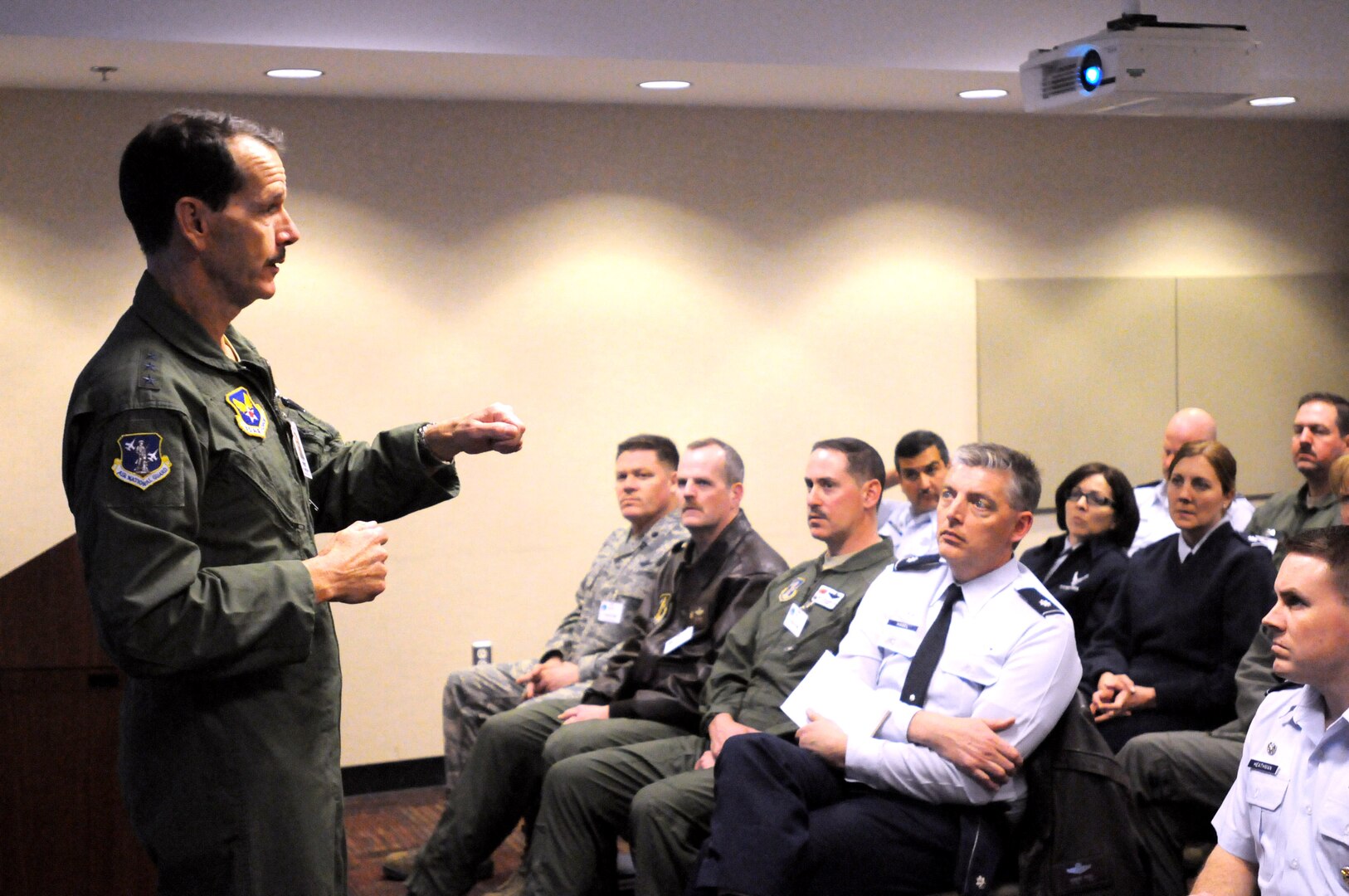 Air Force Lt. Gen. Stanley E. Clarke III, the director of the Air National Guard, addresses senior level commanders during a recent Commander’s Development Course at the Pentagon, March 14, 2014. 