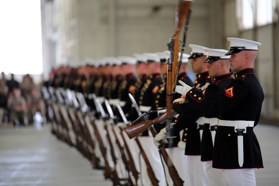 The world-renowned Marine Corps Color Detachment performs at Marine Corps Air Station Beaufort March 18. The detachment is composed of three performing ceremonial units from Marine Barracks, Washington, D.C.: the Marine Corps Drum and Bugle Corps, the Marine Corps Silent Drill Platoon, and the Marine Corps Color Guard. Each year this highly skilled unit travels worldwide to demonstrate the discipline and professionalism of United States Marines.