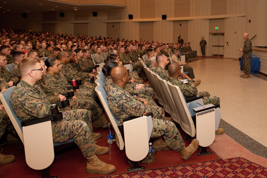 Sgt. Maj. Micheal P. Barrett, the 17th Sergeant Major of the Marine Corps, speaks during the Reawakening Brief to Noncommissioned Officers at Marine Corps Base Quantico, Va., on Feb. 25, 2014. (U.S. Marine Corps photo by Lance Cpl. Alejandro Sierras/Released)