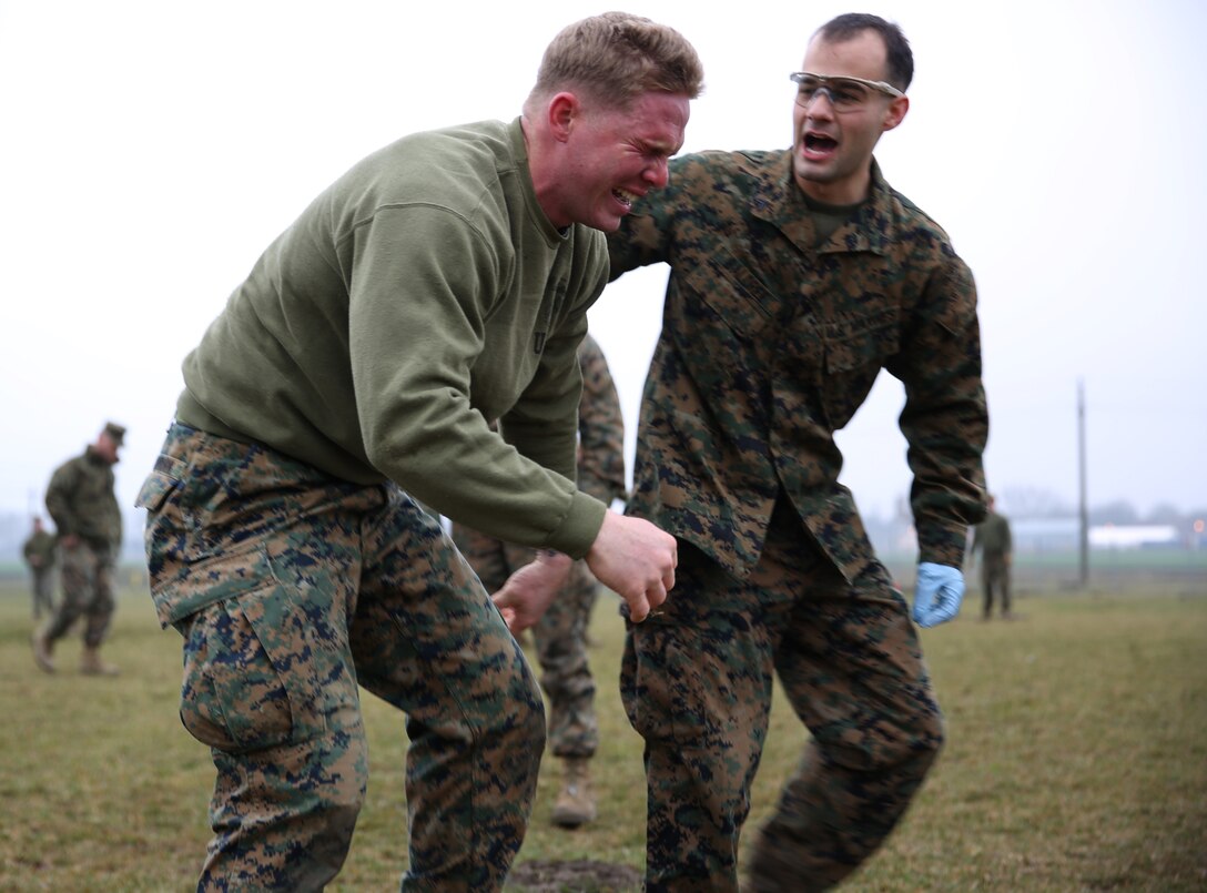 MIHAIL KOGALNICEANU, Romania - Corporal Carson Baldree, a nonlethal weapons instructor with Weapons Company, 3rd Battalion, 8th Marine Regiment, 2nd Marine Division and part of Black Sea Rotational Force 14, encourages Cpl. Landon Amburn as he pushes through a mechanical arm control holds course after being exposed to oleoresin capsicum spray on Mihail Kogalniceanu Air Base, Romania, March 5, 2014. Instructors applied OC spray to the Marines’ faces in order to familiarize them with the burning sensation if they encounter it in the future. Black Sea Rotational Force 14 is a contingent of Marines to maintain positive relations with partner nations, regional stability and increase interoperability while providing the capability for rapid crisis response, as directed by U.S. European Command, in the Black Sea, Balkan and Caucus regions of Eastern Europe.