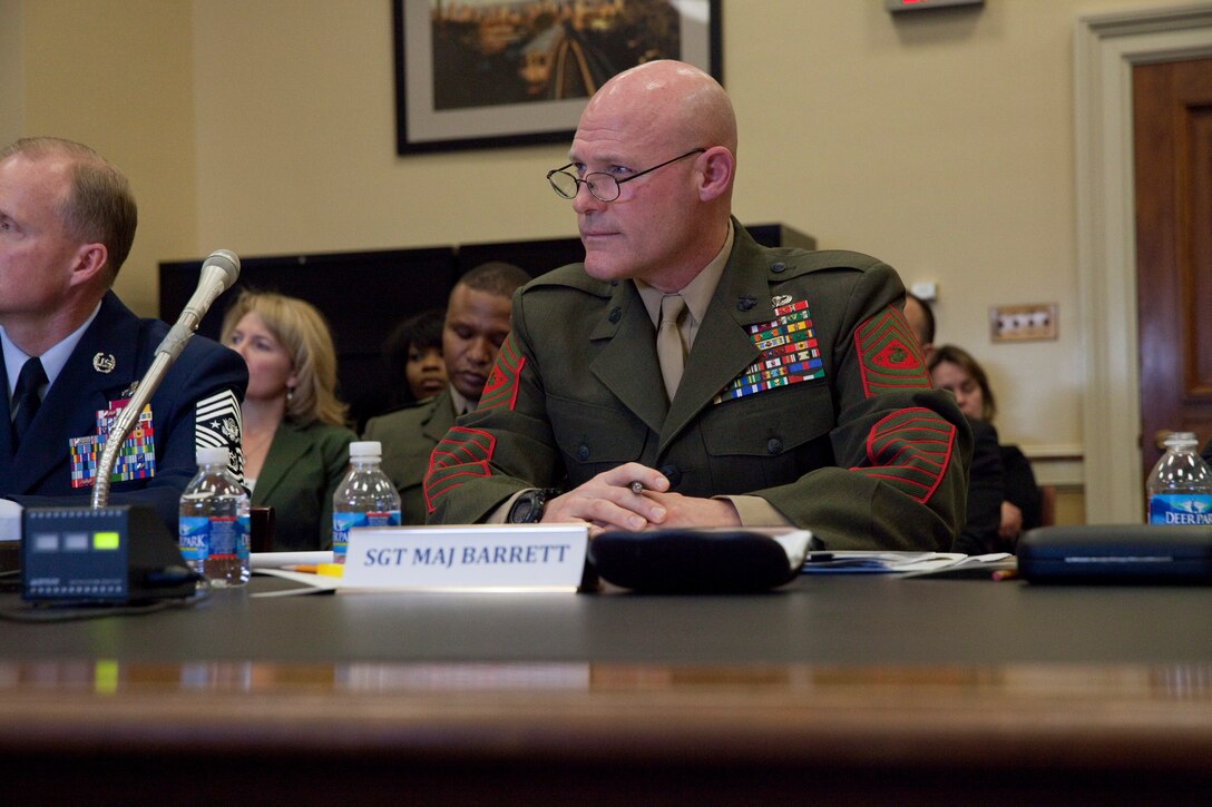 Sergeant Major Micheal P. Barrett, the 17th Sergeant Major of the Marine Corps, testifies before the House Appropriations Subcommittee on Military Construction, Veterans Affairs and Related Agencies on the military quality of life at the Rayburn House Office in Washington, D.C., on February 26, 2014. (U.S. Marine Corps photo by Lance Cpl. Alejandro Sierras)