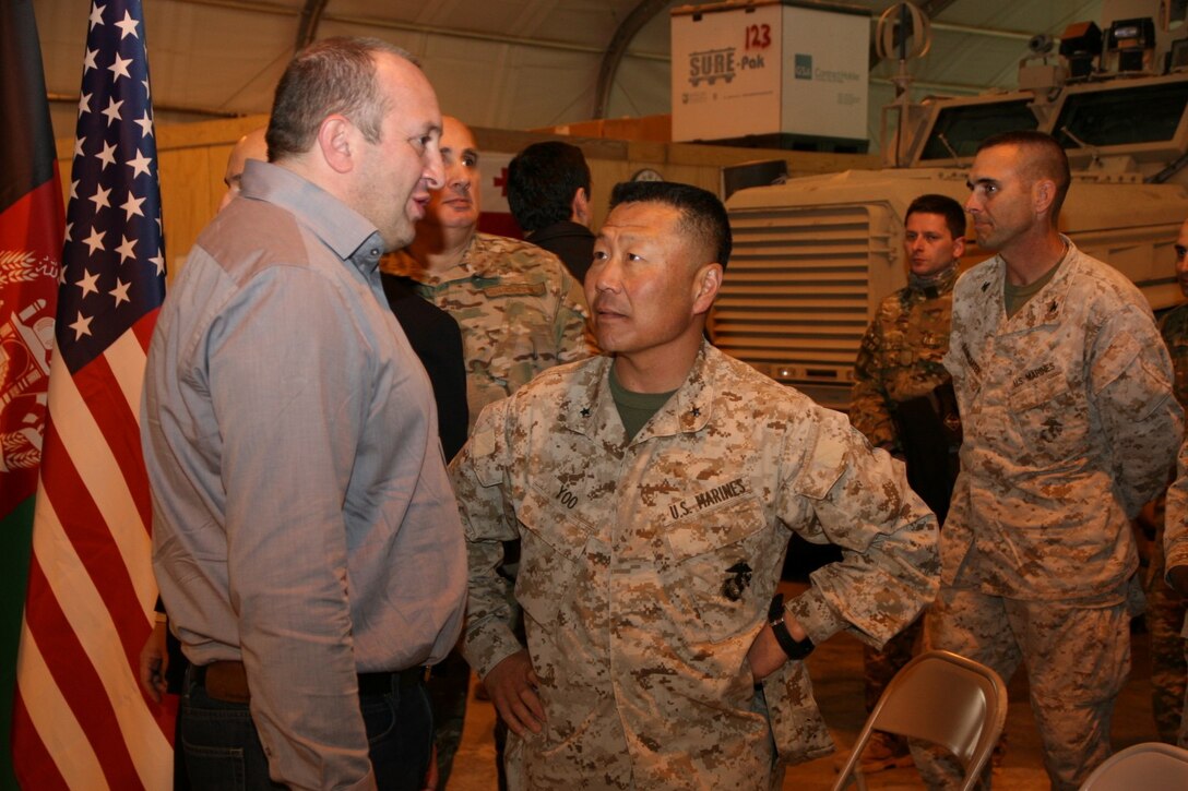 Brigadier Gen. Daniel D. Yoo, right, Regional Command (Southwest) commanding general, speaks with Georgian President Giorgi Margvelashvili during the president's visit to Camp Leatherneck, Helmand province, Afghanistan, March 15, 2014. This was the first time President Margvelashvili has visited his troops in Afghanistan since taking office during November 2013.