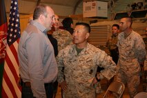 Brigadier Gen. Daniel D. Yoo, right, Regional Command (Southwest) commanding general, speaks with Georgian President Giorgi Margvelashvili during the president's visit to Camp Leatherneck, Helmand province, Afghanistan, March 15, 2014. This was the first time President Margvelashvili has visited his troops in Afghanistan since taking office during November 2013.