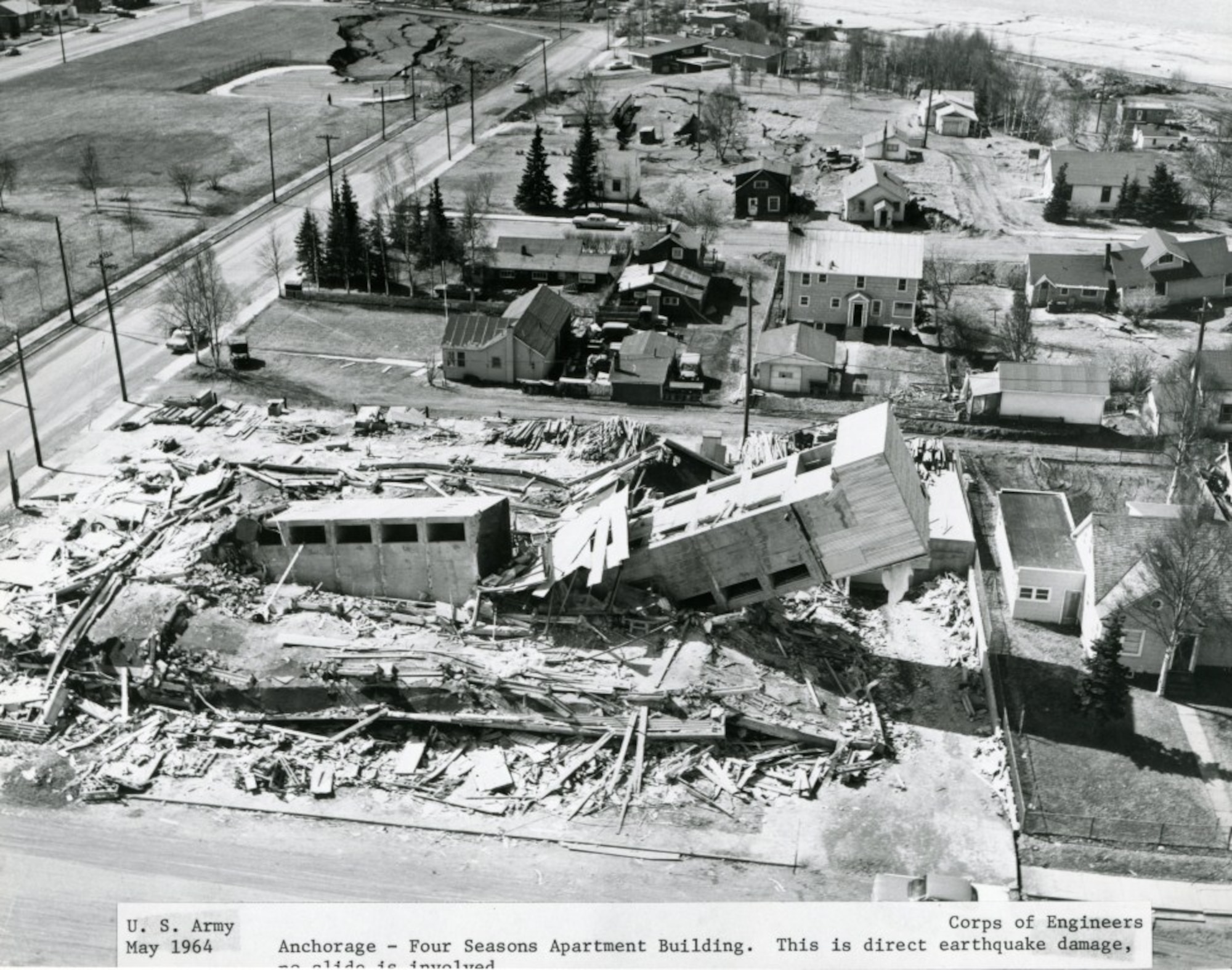 ANCHORAGE, Alaska —In 1964, Alaska endured a 9.2-magnitude earthquake, resulting in the deaths of 133 people and $300 million in damages.  This brand new Four Seasons apartment building in downtown Anchorage collapsed 20 minutes after a team of construction workers left work for the day.  (Courtesy Photo)