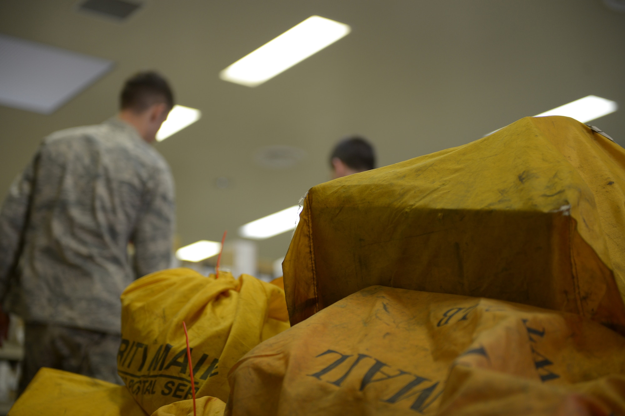 Bags of mail from the U.S. wait to be sorted at Yokota Air Base, Japan, March 19, 2014. The post office provides support to the 32 tenant units at Yokota. (U.S. Air Force photo by Airman 1st Class David Danford/Released)