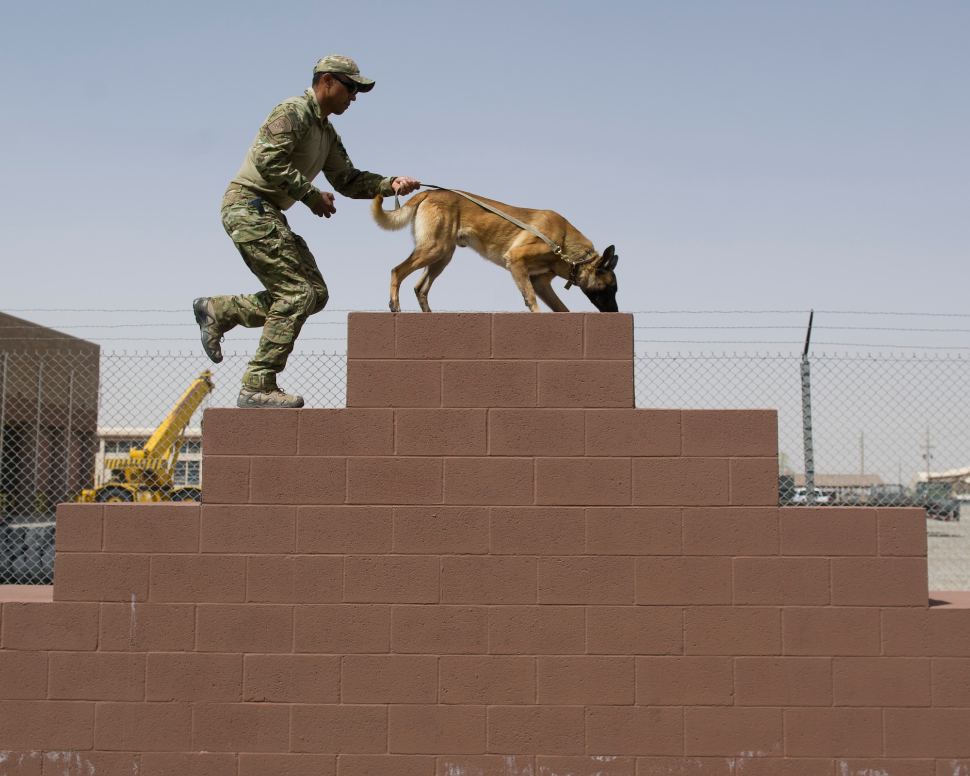 Chris Lopez, a Border Patrol agent, and patrol K-9 Joe run obstacles as a part of obedience training outside the Military Working Dog facility at Holloman Air Force Base, N.M., March 19. Holloman’s 49th Security Forces Squadron Military Working Dog Unit hosted quarterly training with multiple law enforcement agencies from the surrounding areas including Border Patrol, New Mexico State University and Fort Bliss. The day consists of emergency veterinary procedure training, comparing tactics of entering a building and capturing a decoy, obedience training, and bomb search and detection. (U.S. Air Force photo by Airman 1st Class Chase Cannon/ Released)