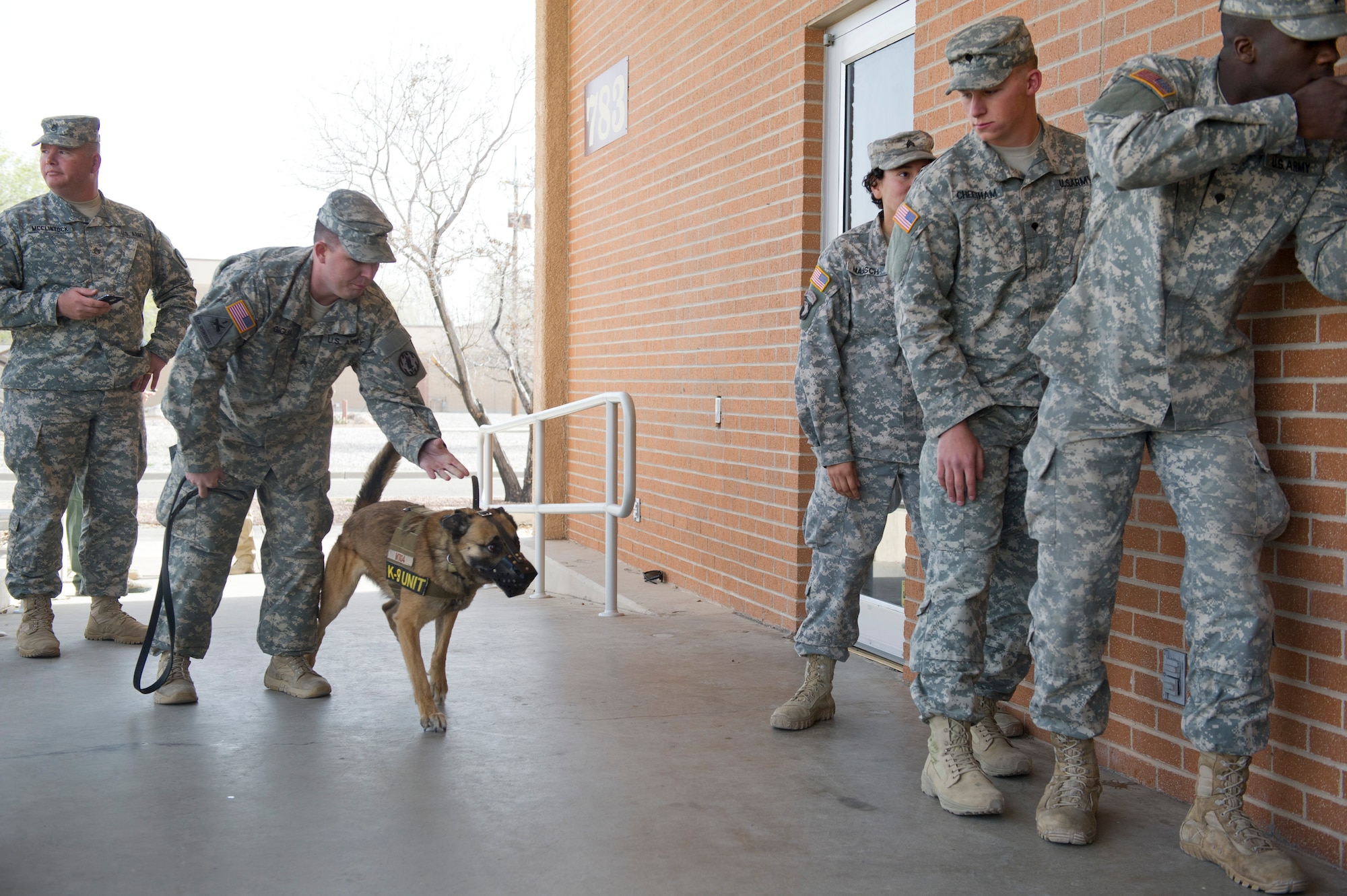 Members of the Fort Bliss Military Working Dog Unit prepare to enter the Library Annex at Holloman Air Force Base for a training exercise, March 19. Holloman’s 49th Security Forces Squadron Military Working Dog Unit hosted quarterly training with multiple law enforcement agencies from the surrounding areas including Border Patrol, New Mexico State University and Fort Bliss. The day consists of emergency veterinary procedure training, comparing tactics of entering a building and capturing a decoy, obedience training, and bomb search and detection. (U.S. Air Force photo by Airman 1st Class Chase Cannon/ Released)