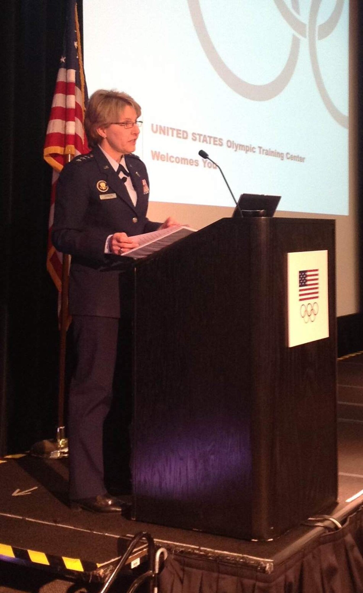 Lt. Gen. Michelle D. Johnson speaks to Colorado Springs leaders on communication and media relations during a University of Colorado at Colorado Springs leadership conference March 13. (U.S. Air Force Photo/Amber Baillie)
