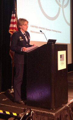 Lt. Gen. Michelle D. Johnson speaks to Colorado Springs leaders on communication and media relations during a University of Colorado at Colorado Springs leadership conference March 13. (U.S. Air Force Photo/Amber Baillie)