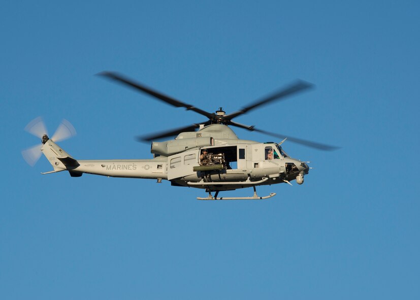 A UH-1Y Venom gunner scans for threats during Gunfighter Flag March 14, 2014, at the Saylor Creek  Bombing Range near Mountain Home Air Force Base, Idaho. The combat exercise is designed to prepare multiple joint and coalition terminal attack controller teams for upcoming deployments as well as provide proficiency training for aircrews. (U.S. Air Force photo by Tech. Sgt. JT May III/Released) 

