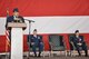 Lt. Col. Antonio Alvarado addresses the crowd shortly after assuming command of the 963rd Airborne Air Control Squadron from Lt. Col. Walter Hattemer, far right, in a ceremony March 14 in Bldg. 230, Dock 2. Also pictured is Col. John J. Cooper, 552nd Operations Group commander, who presided over the ceremony. Colonel Alvarado previously served as director of Operations for the 964th AACS. (Air Force photo by Darren D. Heusel)