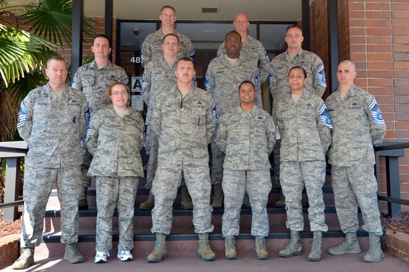 U.S. Air Force master sergeants, who have been selected for promotion to senior master sergeant, pose for a group photo outside the Carolina Skies Club and Conference Center, March 20, 2014, Shaw Air Force Base, S.C. More than 900 master sergeants were selected across the Air Force. (U.S. Air Force photo by Staff Sgt. Kenny Holston/Released) 
