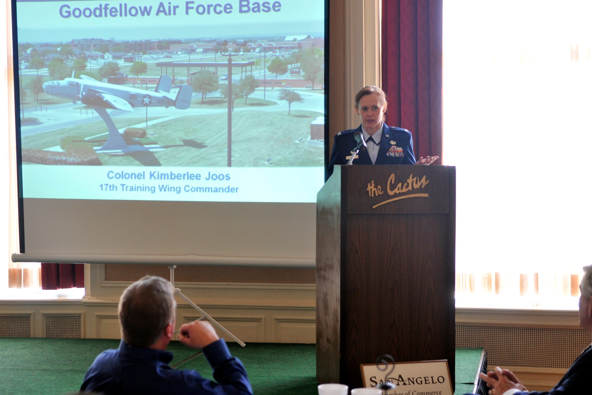 SAN ANGELO, Texas – Col. Kimberlee Joos, 17th Training Wing Commander, gives a speech at the Cactus Hotel during a Chamber of Commerce luncheon March 11. Joos talked about the history at Goodfellow Air Force Base and discussed current and future plans for the base. (U.S. Air Force Photo/ Airman 1st Class Devin Boyer)