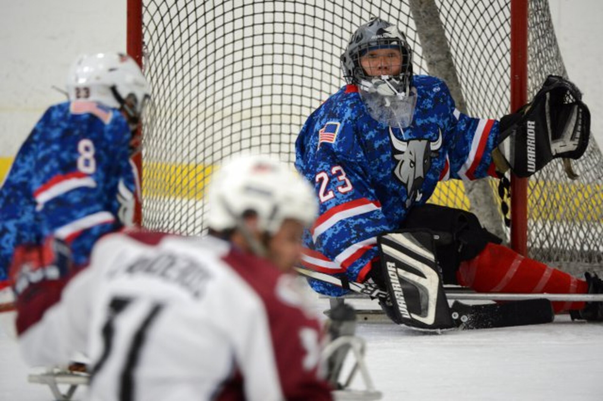 Army Staff Sgt. Jen Lee, seen here in net for the San Antonio Rampage Sled Hockey Team Aug. 1, 2013, served as backup goalie for the U.S. Sled Hockey Team in the 2014 Paralympic Winter Games in Sochi, Russia. Lee is a member of the U.S. Army World Class Athlete Program and the first active-duty Soldier selected for a Paralympic winter sports team. (U.S. Army photo/Tim Hipps)