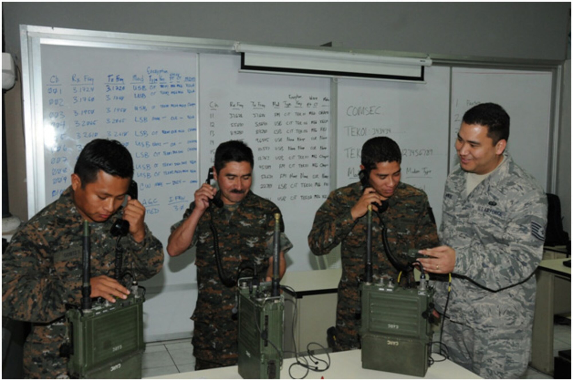 Tech. Sgt. Claude Winfree, 571st Mobility Support Advisory Squadron communications air advisor, demonstrates how to operate a high frequency radio to members of the Guatemalan Air Force during the secure fixed mode programming seminar Feb. 20, 2014 at la Aurora Air Base, Guatemala City, Guatemala. (U.S. Air Force photo by Tech. Sgt. Jesse Baehm)