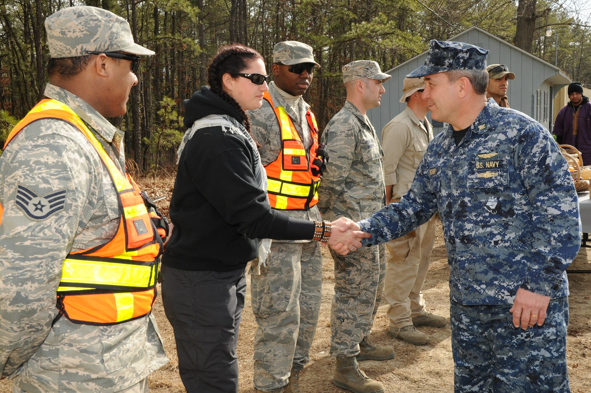 JOINT BASE MCGUIRE-DIX-LAKEHURST, N.J. -- Vice Adm. William A. Brown, U.S. Transportation Command deputy commander, meets with partipants and supporting cadre during Exercise EAGLE FLAG here March 12, 2014. Exercise EF is a U.S. Air Force Expeditionary Center hosted exercise used to execute and evaluate mobility operations and expeditionary combat support.  (U.S. Air Force photo by Brad Camara)