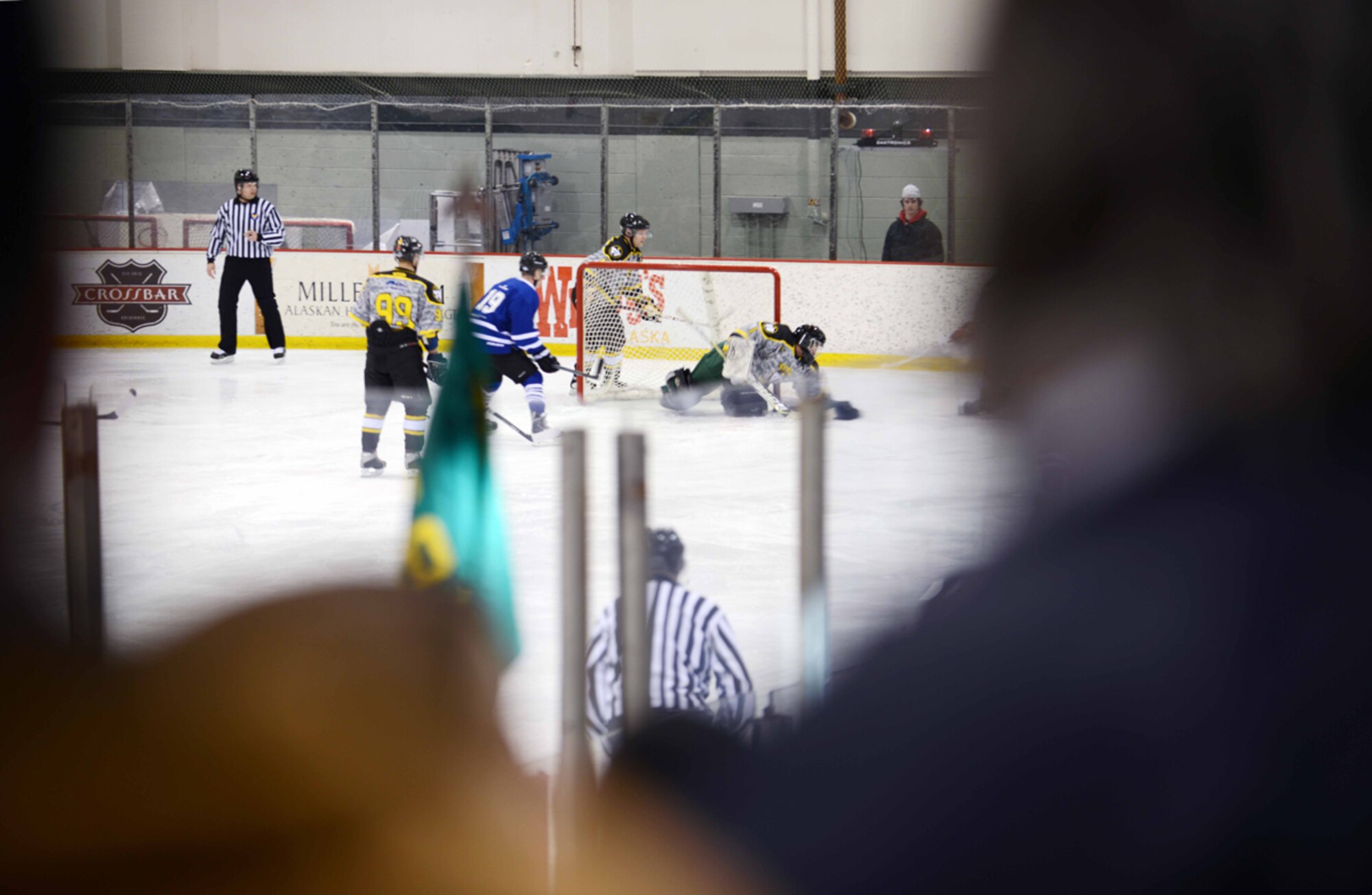 JOINT BASE ELMENDORF-RICHARDSON-- Spectators observe an Army vs. Air Force hockey game at the Wells Fargo Sports Complex, March 15. The hockey game was the first official played between military members of Joint Base Elmendorf-Richardson. Spectators included University of Alaska Anchorage students, civilians and military servicemembers. (U.S. Air Force photo/Airman 1st Class Ty-Rico Lea)