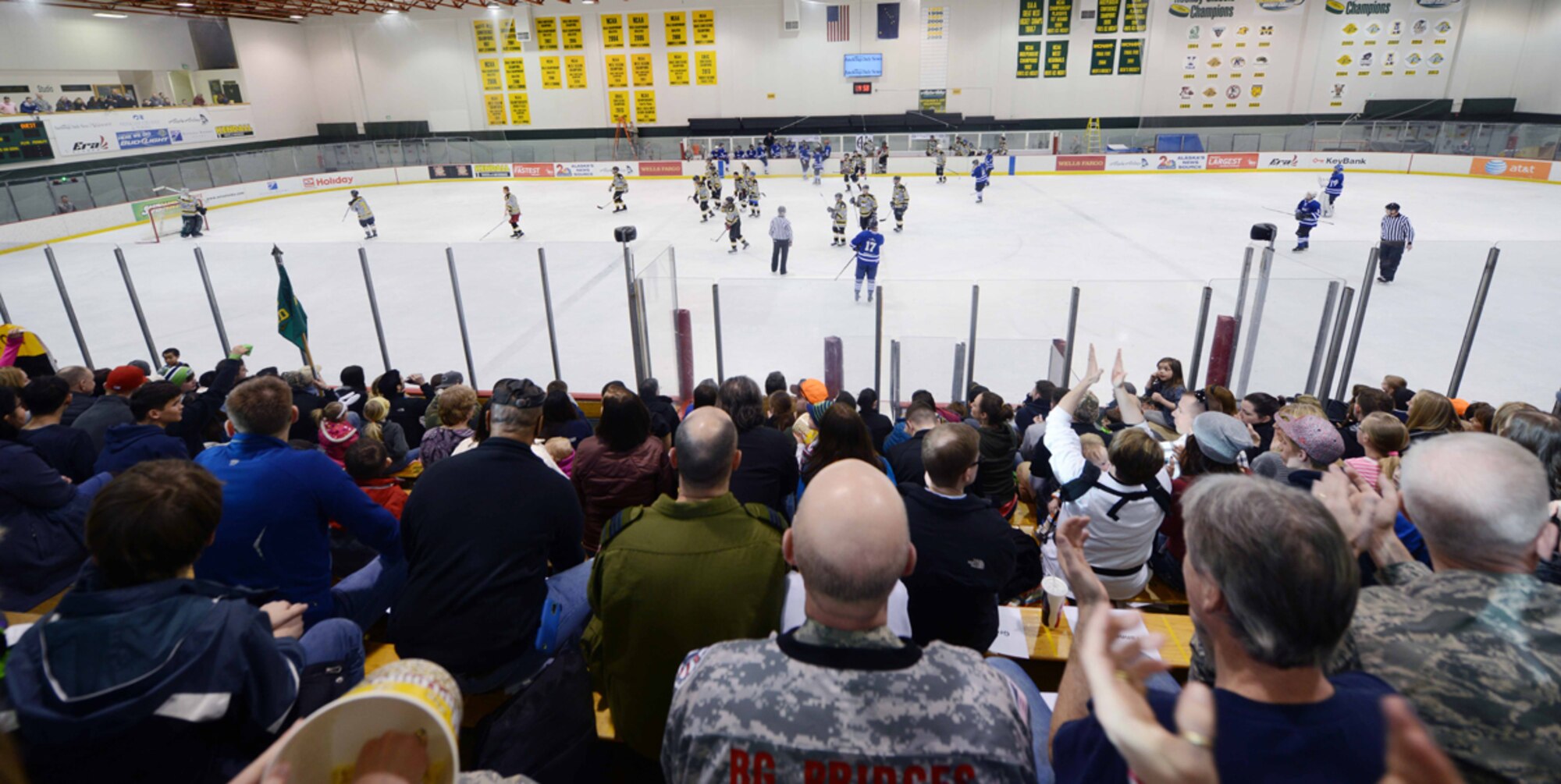 JOINT BASE ELMENDORF-RICHARDSON-- Spectators observe an Army vs. Air Force hockey game at the Wells Fargo Sports Complex, March 15. The hockey game was the first official played between military members of Joint Base Elmendorf-Richardson. Spectators included University of Alaska Anchorage students, civilians and military servicemembers. (U.S. Air Force photo/Airman 1st Class Ty-Rico Lea)