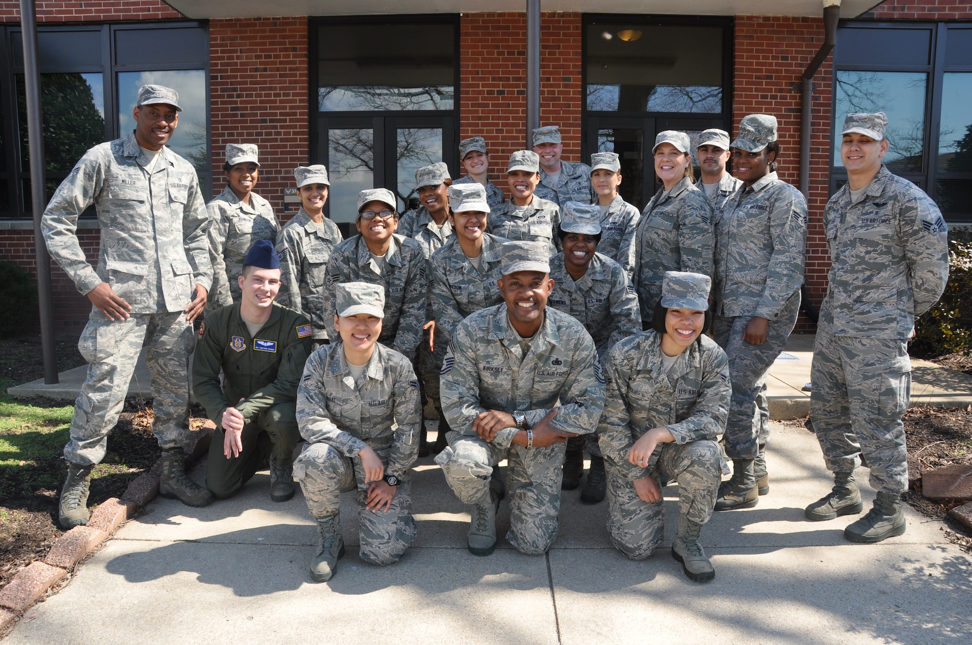 The 459th Air Refueling Wing’s Rising Six council, enlisted Airmen ranking E-1 to E-6, take a group photo with Command Chief Master Sergeant Cameron B. Kirksey, Air Force Reserve Command, Robins Air Base, Ga, at Joint Base Andrews, Md., March 14, 2014. Kirksey spent the day with members of the 459 ARW to gain first-hand insight on daily operations throughout the wing. (U.S. Air Force photo/ Staff Sgt. Amber Russell)