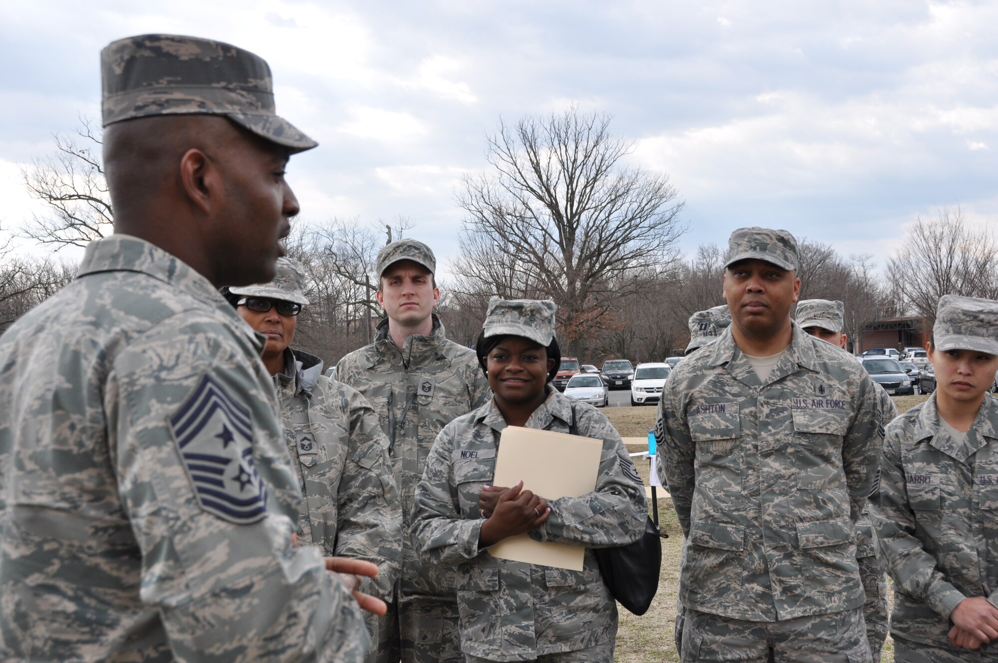 Command Chief Master Sergeant Cameron B. Kirksey, Air Force Reserve Command, Robins Air Force Base, Ga., thanks members of the Aeromedical Staging Squadron for their adaptable, comprehensive and integrated training at Joint Base Andrews, Md.,  March 15, 2014. Kirksey spent the day with members of the 459th Air Refueling Wing to gain first-hand insight on daily operations throughout the wing. (U.S. Air Force photo/ Staff Sgt. Amber Russell)