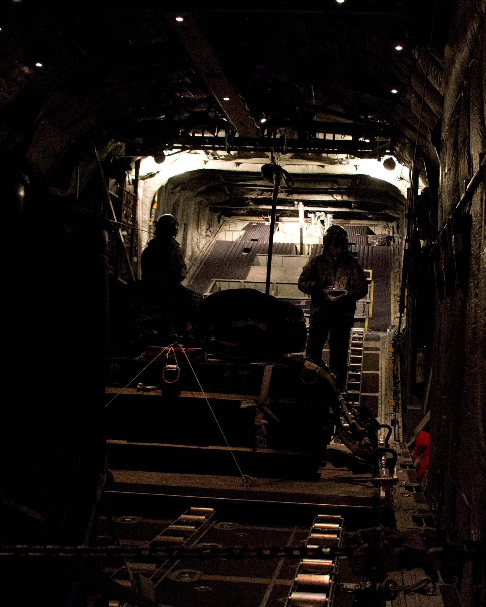 Loadmasters Senior Master Sgt. Mike Tracy, right, and Master Sgt. Tim McCann go through their checklist in St. Paul, Minn., Mar. 14, 2014.  They participated in an eight-ship C-130 Hercules interfly training mission. This training was a unique opportunity for both squadrons to share C-130 tactics and techniques in adverse weather conditions and wearing night-vision goggles in a low-level flying environment.
(U.S. Air National Guard photo by Tech. Sgt. Amy M. Lovgren/Released)