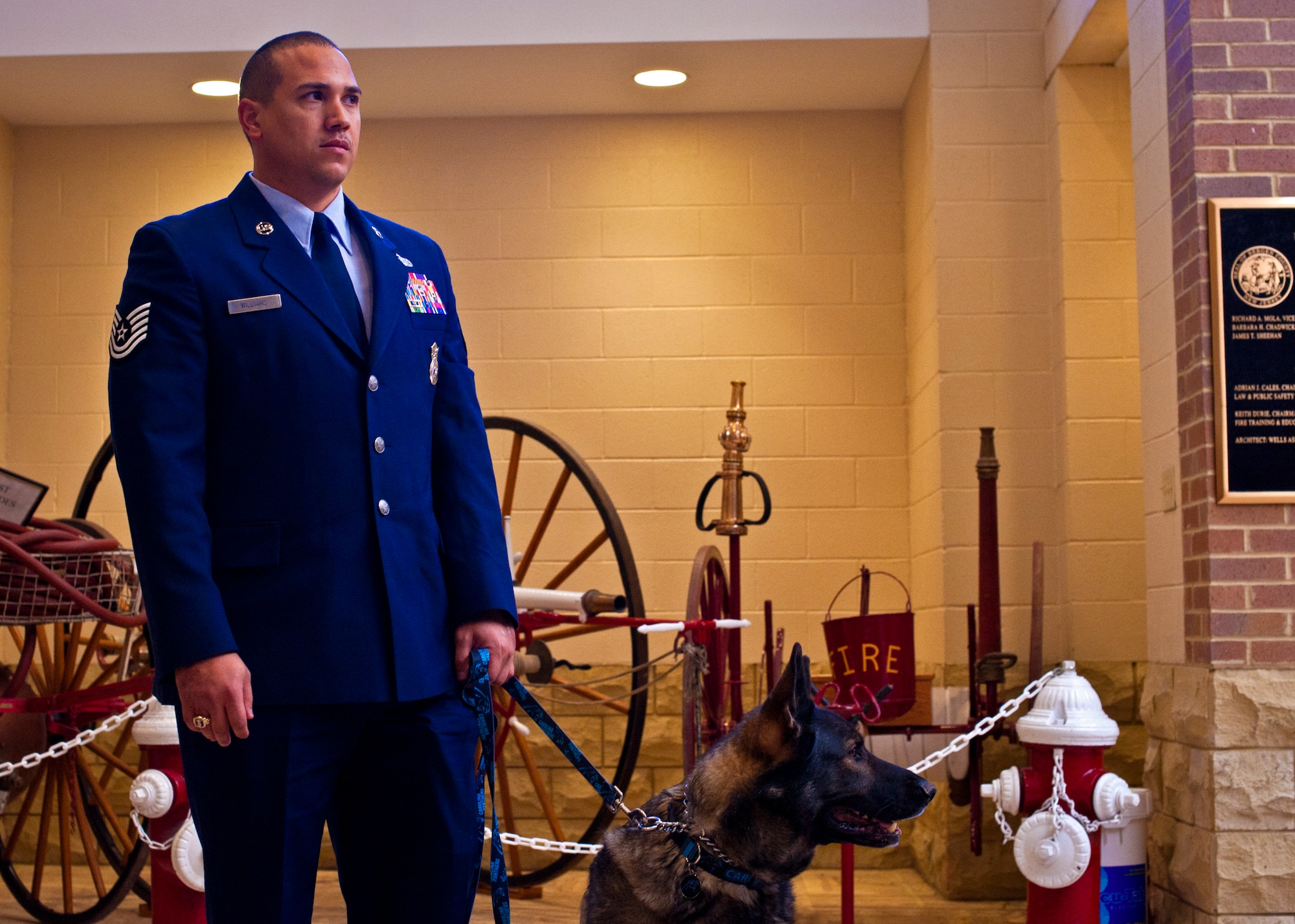 Tech. Sgt. Brian Williams and his dog Carly wait for a ceremony begin at the second annual K-9 Veterans Day celebration March 14, 2014, at the Bergen County Law and Public Safety Institute in Mahwah, N.J. Williams, a wounded military working dog handler at Joint Base McGuire-Dix-Lakehurst, N.J., was made an honorary member of the county and awarded the Bergen County Military Service Medal. (U.S. Air Force photo by Staff Sgt. Scott Saldukas/Released) 