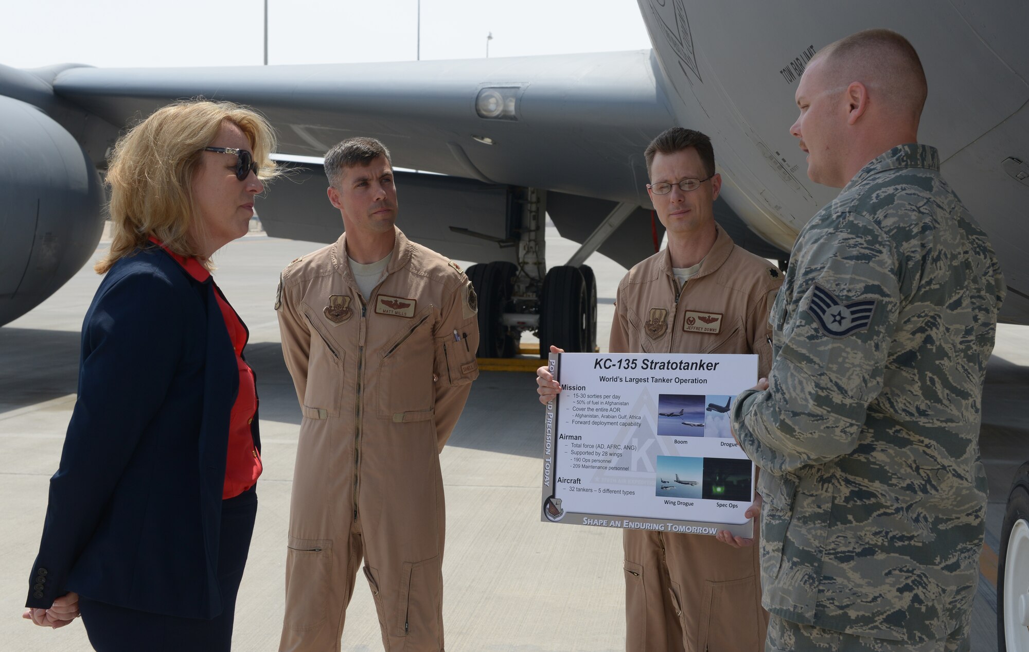 Secretary of the Air Force Deborah Lee James receives a briefing from Staff Sgt. Jeremy Fannin as he explains the 340th Expeditionary Air Refueling Squadron mission at Al Udeid Air Base, Qatar, Mar. 19, 2014. James and other senior leaders visited flying units assigned to the 379th Air Expeditionary Wing and learned about their mission in support of Operation Enduring Freedom. This was James first visit to AUAB and she also held an all call to talk to Airmen about her three priorities for the Air Force: taking care of people, balancing readiness of today with readiness of tomorrow and making every dollar count. Fannin is a KC-135 Stratotanker hydraulic craftsman deployed from the 911th Air Reserve Squadron, Seymour Johnson Air Force Base, N.C. and a Huntington, W.Va., native. (U.S. Air Force photo/Master Sgt. David Miller)
