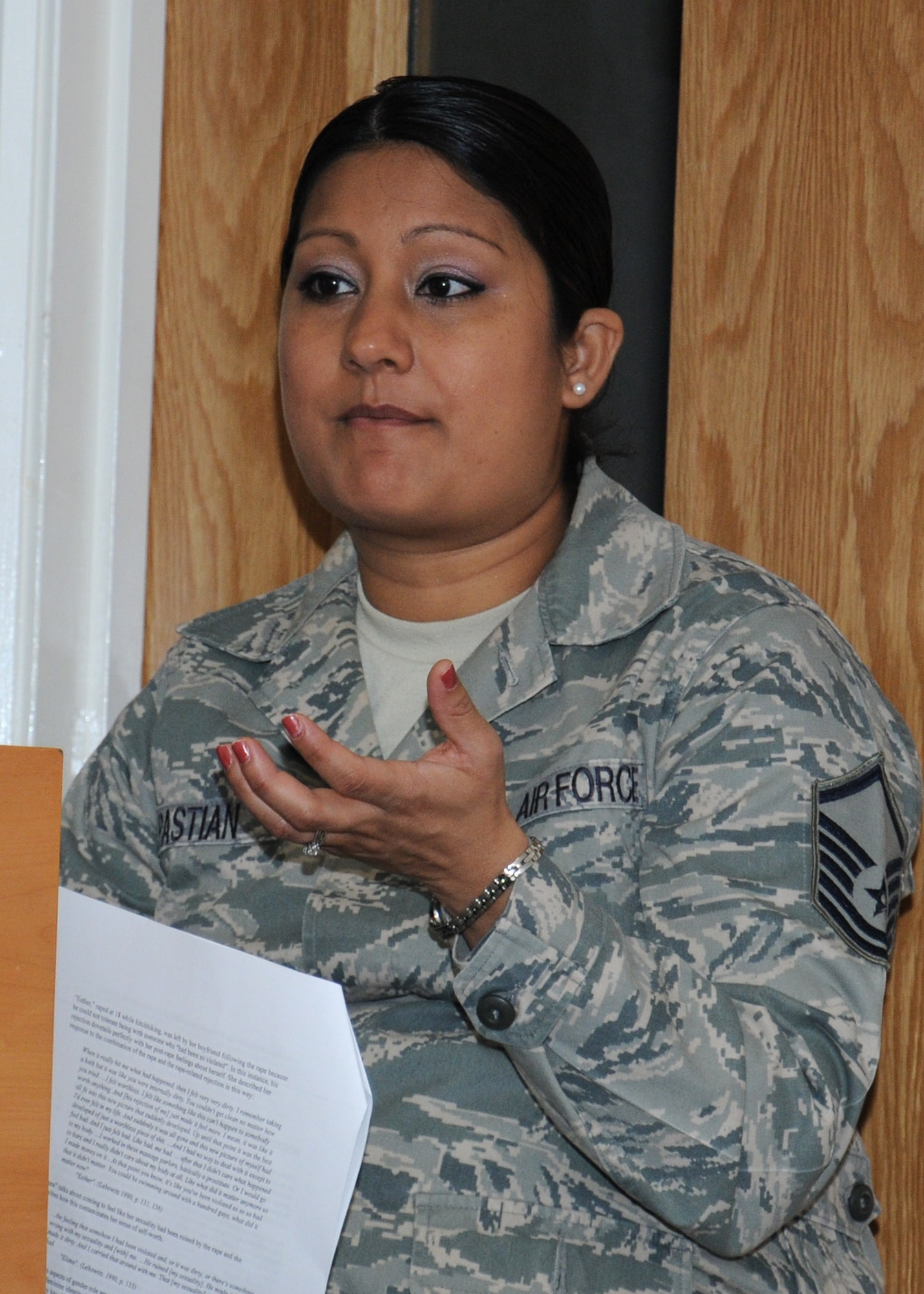 U.S. Air Force Master Sgt. Karin Pastian, 100th Logistics Readiness Squadron Individual Protective Equipment section chief from Garland, Texas, discusses rape-trauma syndrome during a sexual assault prevention and response two-day training leadership course March 14, 2014, on RAF Mildenhall, England. Pastian’s role was to explain the aftereffects of rape — how a victim would feel the trauma of what has happened to them. The course covered many topics including what to look out for in their fellow Airmen, how to help, what a victim may be feeling and the options they have.  (U.S. Air Force photo by Gina Randall/Released)
