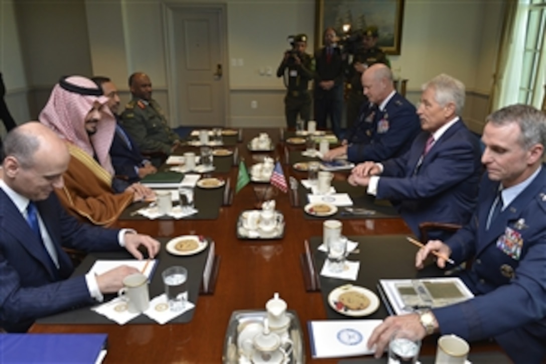 U.S. Defense Secretary Chuck Hagel meets with Saudi Deputy Defense Minister Prince Salman bin Sultan at the Pentagon, March 20, 2014. The two defense leaders discussed issues of mutual importance.