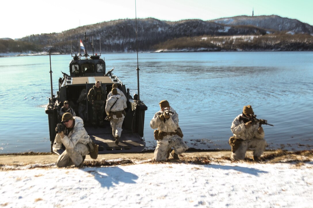 Marines with Weapons Company, 2nd Battalion, 2nd Marine Regiment, 2nd Marine Division, provide security during the withdrawal phase of an amphibious raid rehearsal March 17, 2014. Marines from 2nd Battalion, 2nd Marine Regiment, 2nd Marine Division and Norwegian soldiers spent two days spent aboard the HNLS Rotterdam to train with Dutch sailors and marines for the amphibious raid during Cold Response 14, a multinational and multilateral training exercise featuring various types of military training including maritime, land and air operations. The location, above the Arctic Circle in northern Norway, provides a unique cold-weather environment for all forces involved to learn and develop procedures from an international contingent of allies.