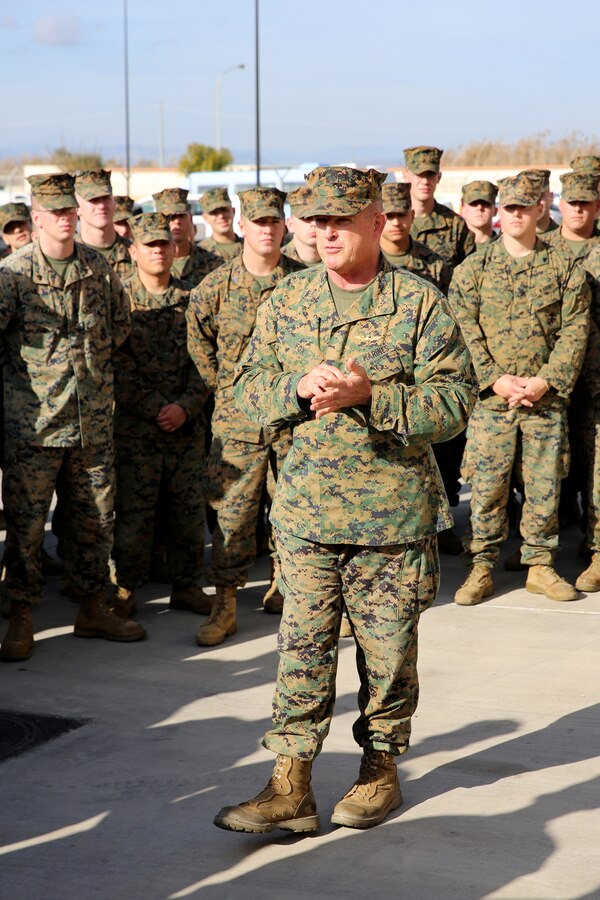 Major Gen. Raymond C. Fox, the commanding general of II Marine Expeditionary Force and the commander of United States Marine Forces Africa, talks to Marines with Special Purpose Marine Air-Ground Task Force Africa 13.1 aboard Naval Air Station Sigonella, Italy. During his visit to the air station, Fox spoke to the Marines about the importance of their mission in Africa.
