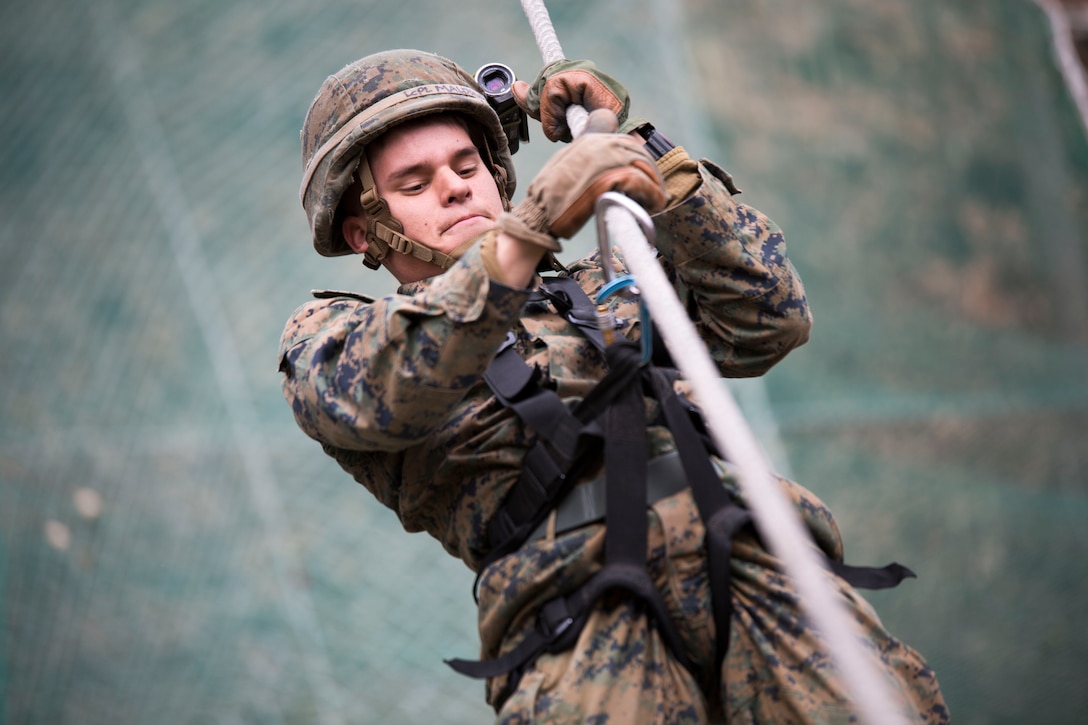 U.S. Marine Lance Cpl. Matthew T. Maldonado makes his way across the single rope bridge March 19 during the second day of the three-day Mountain Warfare Training Course at the Mountain Warfare Training Center in Pohang, Republic of Korea. A rope bridge can be made of one, two or sometimes three ropes to bridge a river or ravine. Maldonado is an engineer equipment mechanic with 7th Communication Battalion, III Marine Expeditionary Force Headquarters Group, III MEF. (U.S. Marine Corps photo by Lance Cpl. Cedric R Haller II/RELEASED)

