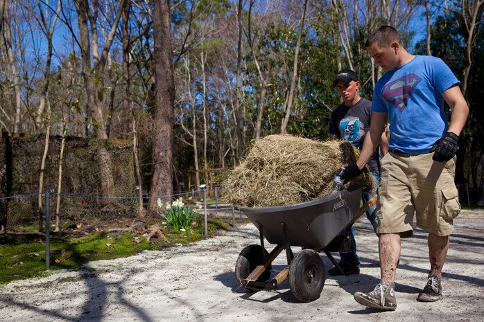 Cpl. Zachary Harrison (right), a Sevierville, Tenn., native, and Lance Cpl. Ben Seeger, a Merrill, Wis., native, both Marines with General Support Maintenance Company, 2nd Maintenance Battalion, 2nd Marine Logistics Group, deliver hay to animals at the Lynwood Park Zoo in Jacksonville, N.C., March 15, 2014. Thirty Marines with the company volunteered time during their weekend at several locations throughout the area as a way to give back to the community that surrounds Marine Corps Base Camp Lejeune, N.C.