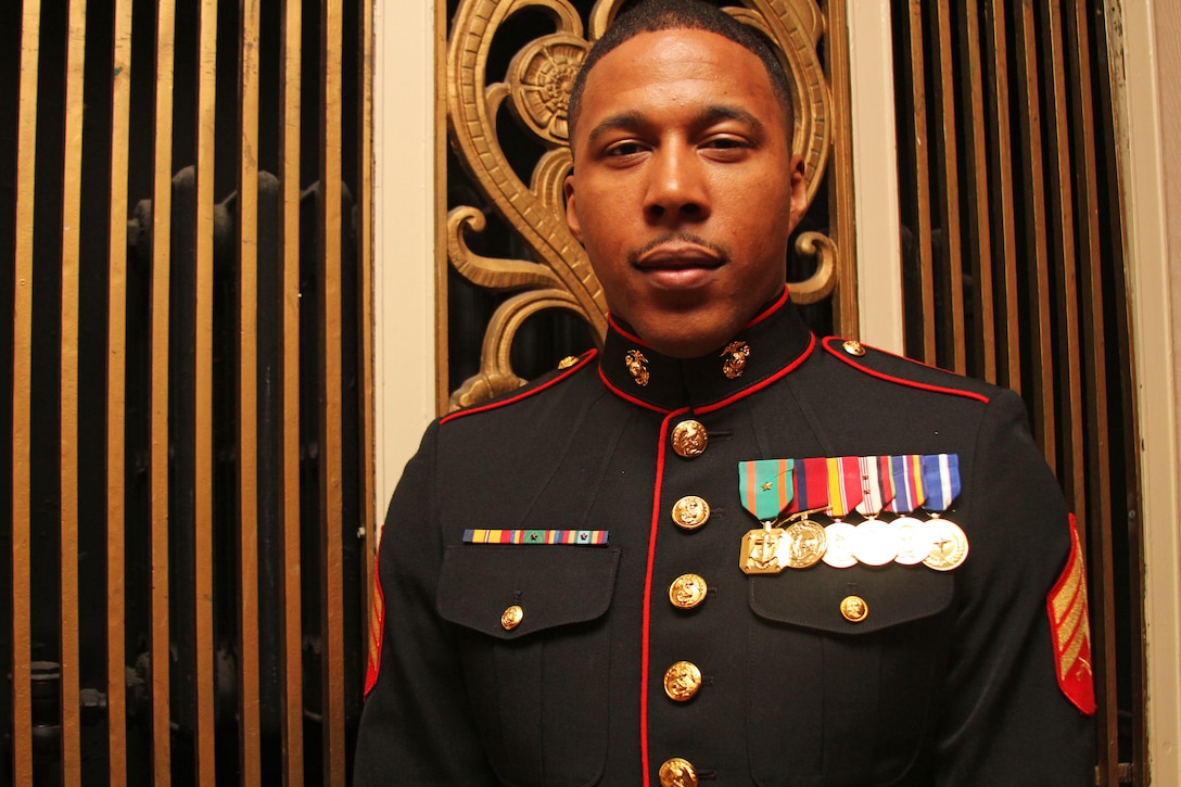 NEW YORK - Sgt. Rasheem Thomas, a New York City native now a landing support specialist assigned to Transportation and Support Company, Combat Logistics Battalion 2, 2nd Marine Logistics Group, was recognized for his life-saving actions at the Marine Corps Law Enforcement Foundation's annual gala March 20.  On March 12, after the gas leak explosion in Harlem, N.Y., Thomas rescued a man who was trapped in his vehicle and covered in debris.  (U.S. Marine Corps photo by Cpl. Kristin E. Moreno).