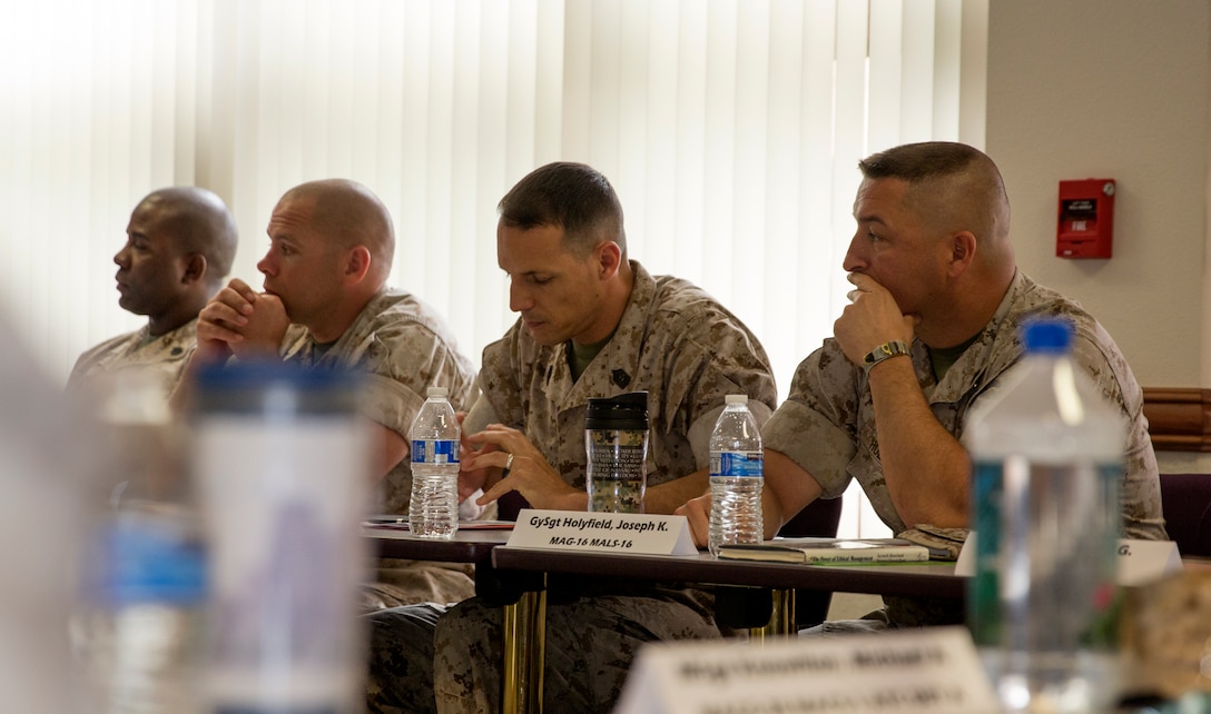 Gunnery sergeants and master sergeants take part in a guided discussion during the Master Sergeant – Gunnery Sergeant Committed and Engaged Leadership Symposium aboard Marine Corps Air Station Miramar, Calif., March 19 – 21. For three days they held discussions with topics ranging from remembering the Staff NCO Creed and ethical leadership to leadership panels and personal and unit missions.