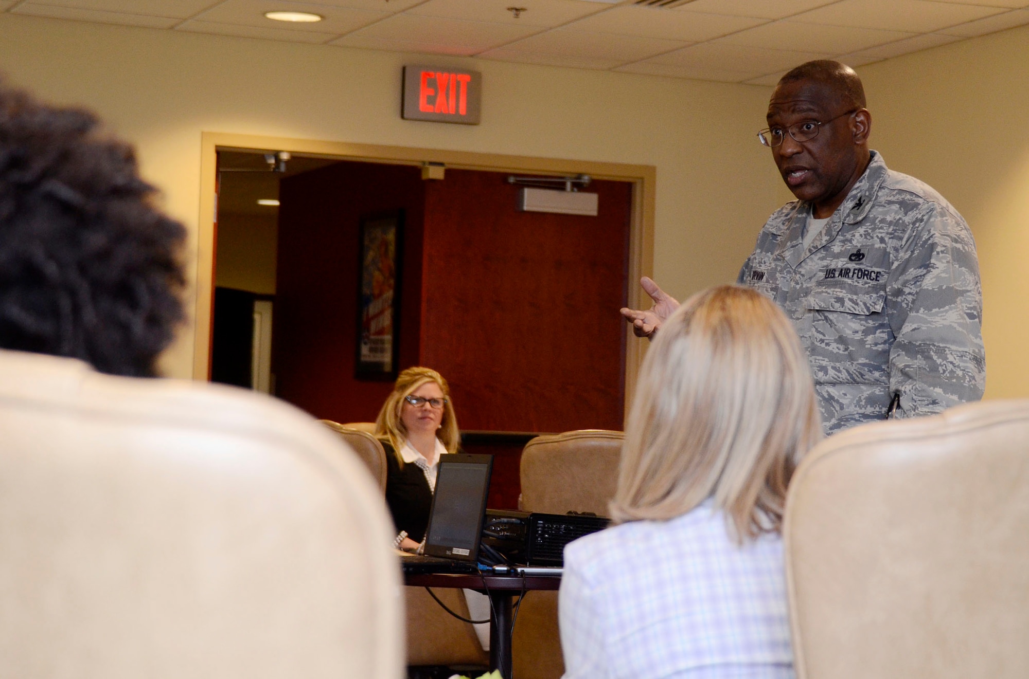 Col. Marshall Irvin, 94th Mission Support Group commander, updates the Hercules Community Council on recent base activities and issues during a luncheon March 19 at the Dobbins Consolidated Club. “We are the greatest military in the world because of you,” Irvin said to the group. “You all make the economy move, and make Atlanta one of the most productive cities in the nation. It’s important that you get involved with the things that are going on here.” (U.S. Air Force photo/Don Peek)