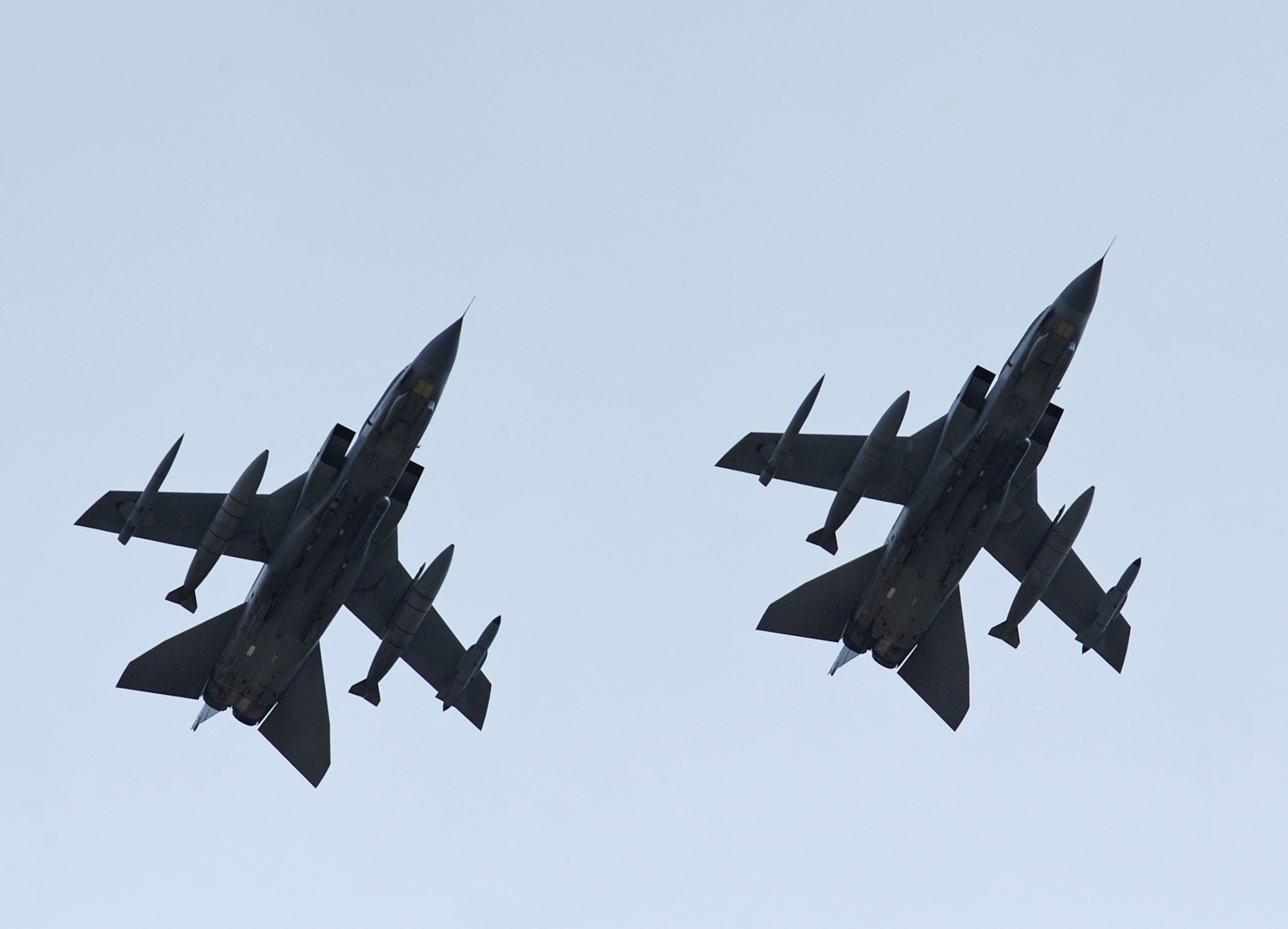 A two-ship of Tornado GR4s returns to Hill Air Force Base after a training mission March 13. A Royal Air Force Tornado Training Squadron from RAF Lossiemouth in Northern Scotland was detached to Hill AFB for three weeks and utilized the Utah Test and Training Range to drop a variety of weapons. The Tornado is a twin seat, all-weather, advanced low-level strike platform and is in its thirty-first year of operational service with the RAF. (U.S. Air Force photo by Alex R. Lloyd)