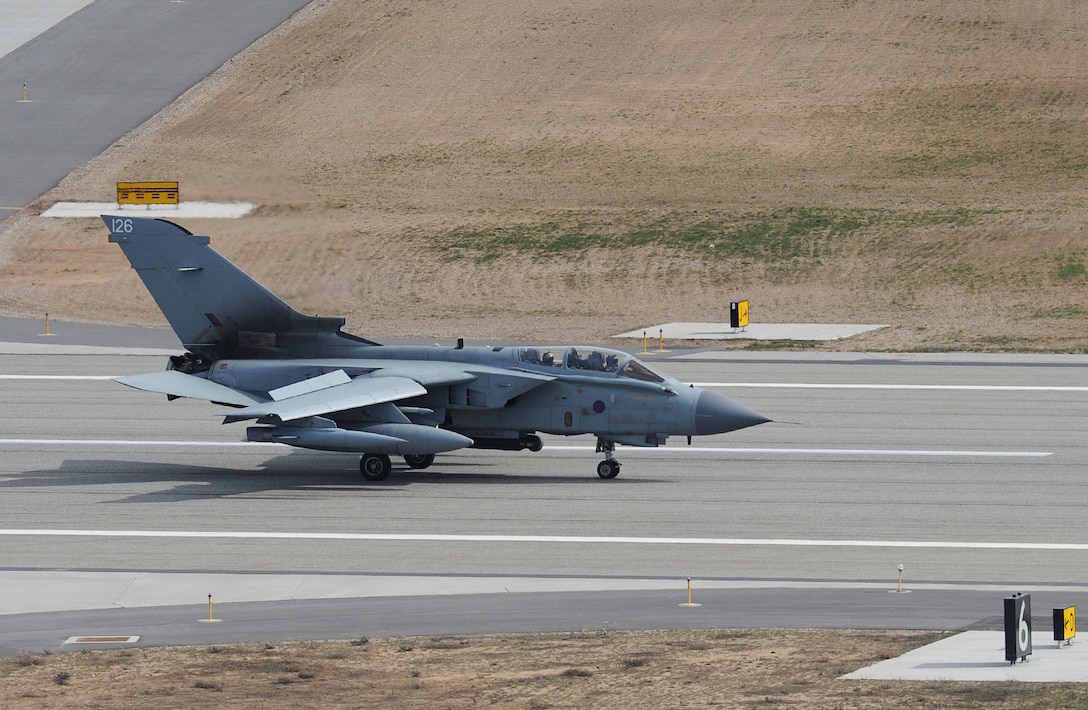 A Tornado GR4 taxis at Hill Air Force Base after returning from a training mission March 13. A Royal Air Force Tornado Training Squadron from RAF Lossiemouth in Northern Scotland was detached to Hill AFB for three weeks and utilized the Utah Test and Training Range to drop a variety of weapons. The Tornado is a twin seat, all-weather, advanced low-level strike platform and is in its thirty-first year of operational service with the RAF. (U.S. Air Force photo by Alex R. Lloyd)