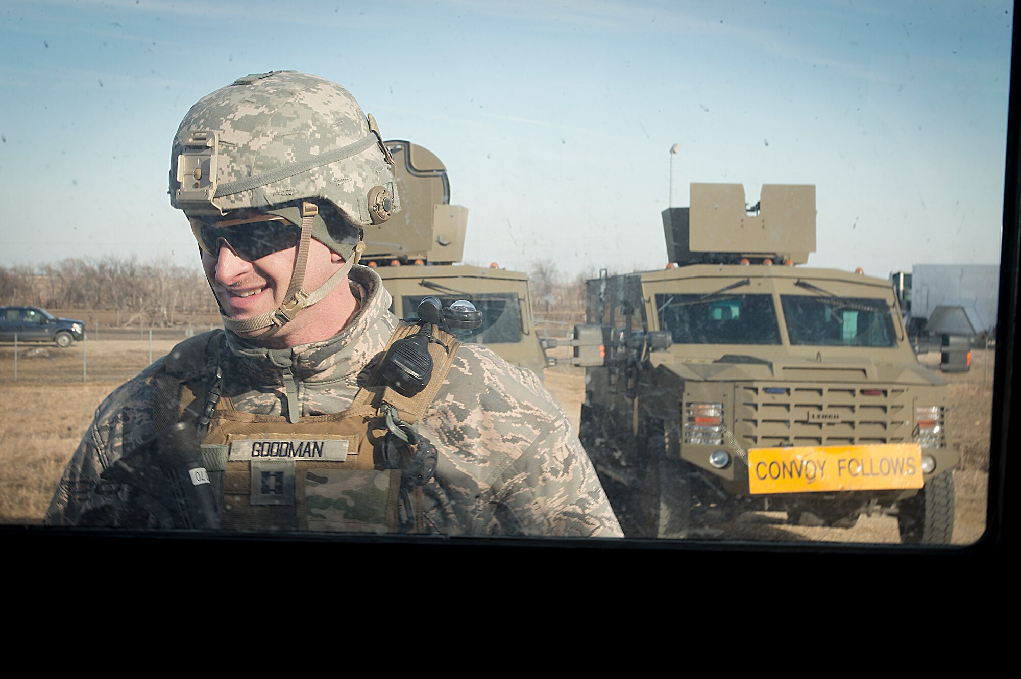 Capt. Greg Goodman, North Dakota Air National Guard, 219th Security Force Squadron operations officer, leads a convoy in the 91st Missile Wing missile complex, March 12, 2014. Goodman was the first-ever guardsman to become certified as a convoy commander in the history of the Air Force. (U.S. Air Force photo/Tech. Sgt. Aaron Allmon)