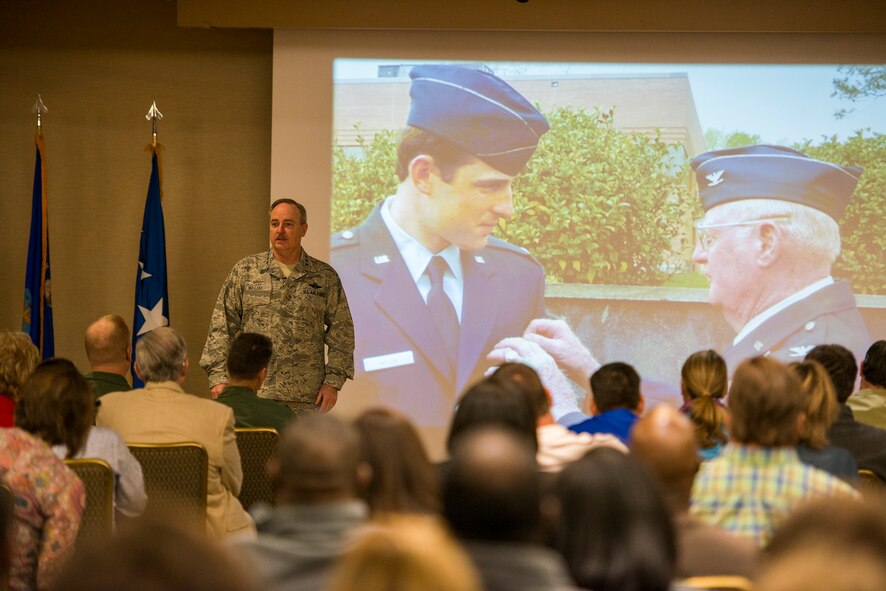 Air Force Chief of Staff Gen. Mark A. Welsh III talks about his family’s military legacy during his speech to Leadership Georgia, a group of influential state citizens and leaders, at Moody Air Force Base, Ga., March 21, 2014.  Welsh spoke about the Air Force’s contributions to national security and the innovative spirit of its Airmen. (U.S. Air Force photo by Airman 1st Class Ryan Callaghan/Released)
