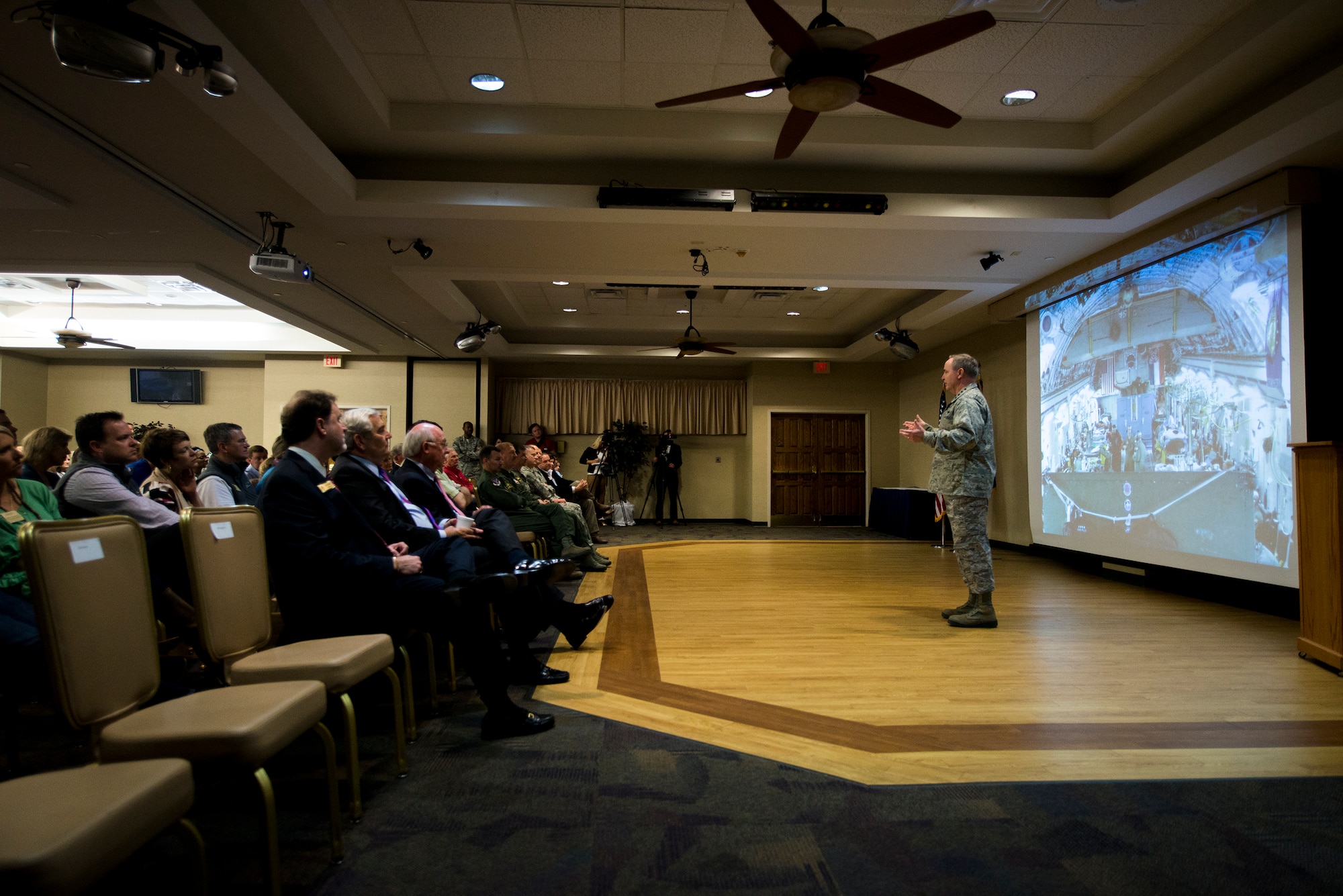 Air Force Chief of Staff Gen. Mark A. Welsh III speaks to Leadership Georgia, a group of influential state citizens and leaders, at Moody Air Force Base, Ga., March 21, 2014.  Welsh spoke about the Air Force’s contributions to national security and the innovative spirit of its Airmen, highlighting a Total Force team providing treatment to wounded warriors on a C-17 Globemaster III out of Jackson, Miss. (U.S. Air Force photo by Airman 1st Class Ryan Callaghan/Released)