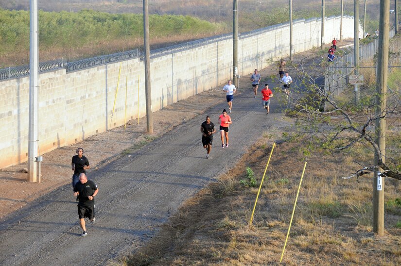 Joint Task Force-Bravo members participate in the 6.6 mile perimeter fun run/walk at Soto Cano Air Base, Honduras, March 21, 2014.  The race was organized by the Army Support Activity's (ASA) Department of Family Morale, Welfare and Recreation.  (Photo by U. S. Air National Guard Capt. Steven Stubbs)